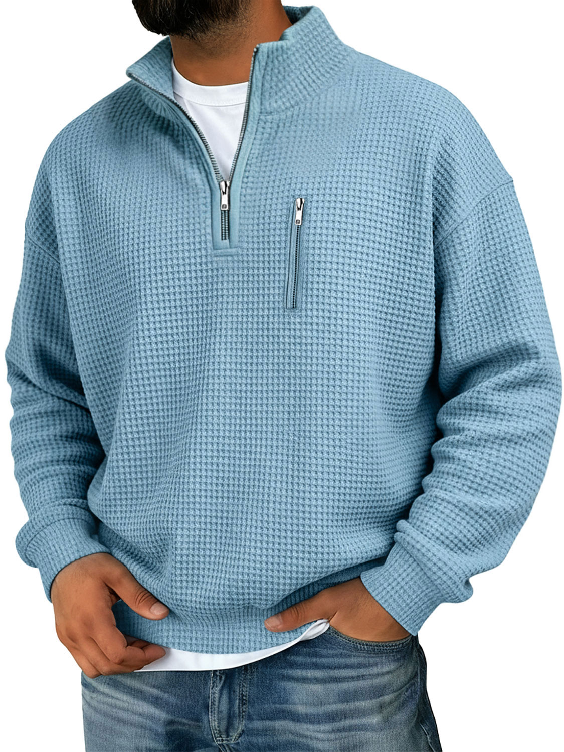 Herren Waffel Stehkragen Reißverschluss Freizeit Einfarbiger Sweatshirt-deurabatt
