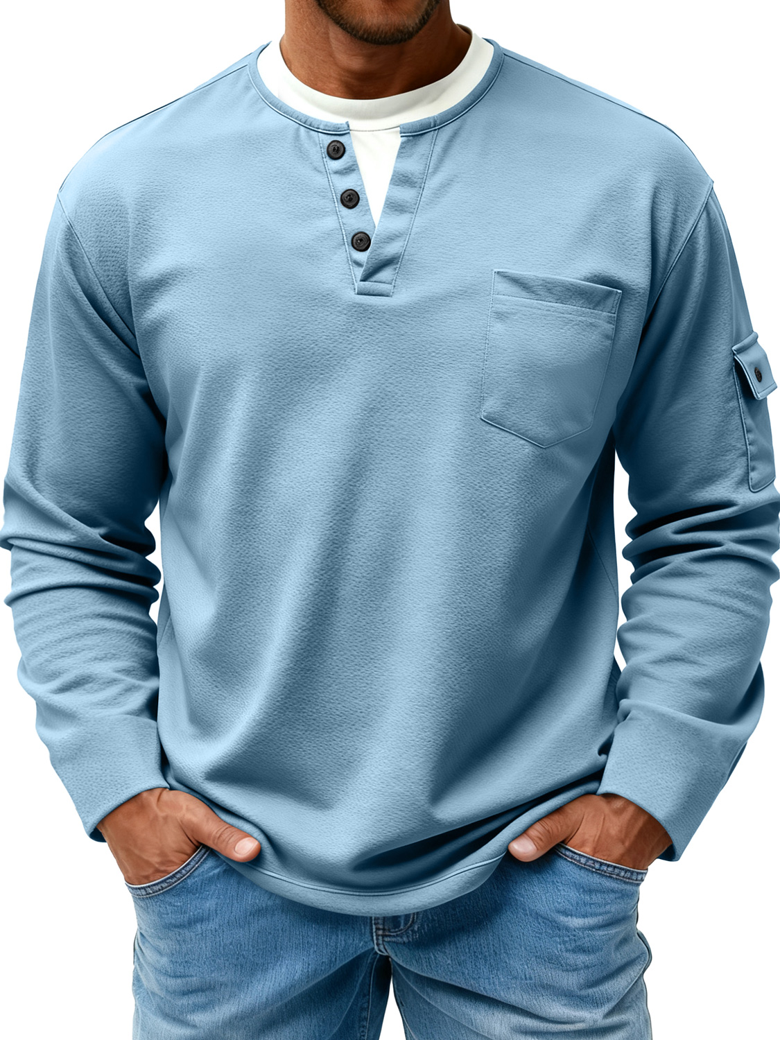 Herren T-Shirt mit doppeltem Kragen, faux Zweiteiler, lässig, langärmlig, mit Seitentaschen-ZierMode