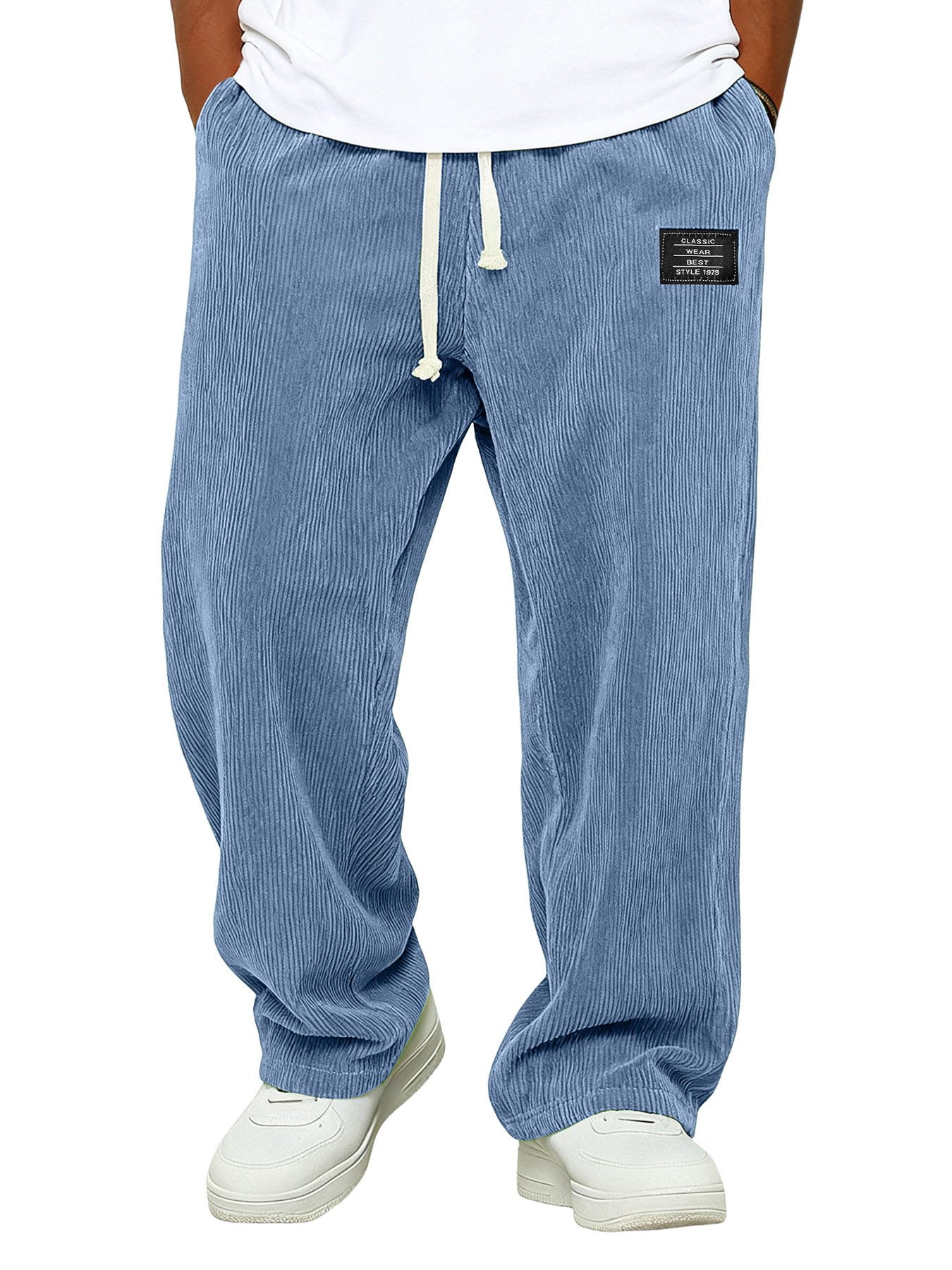 Einfache Corduroy Bestickte Logo Locker sitzende Hose mit elastischem Bund-deurabatt