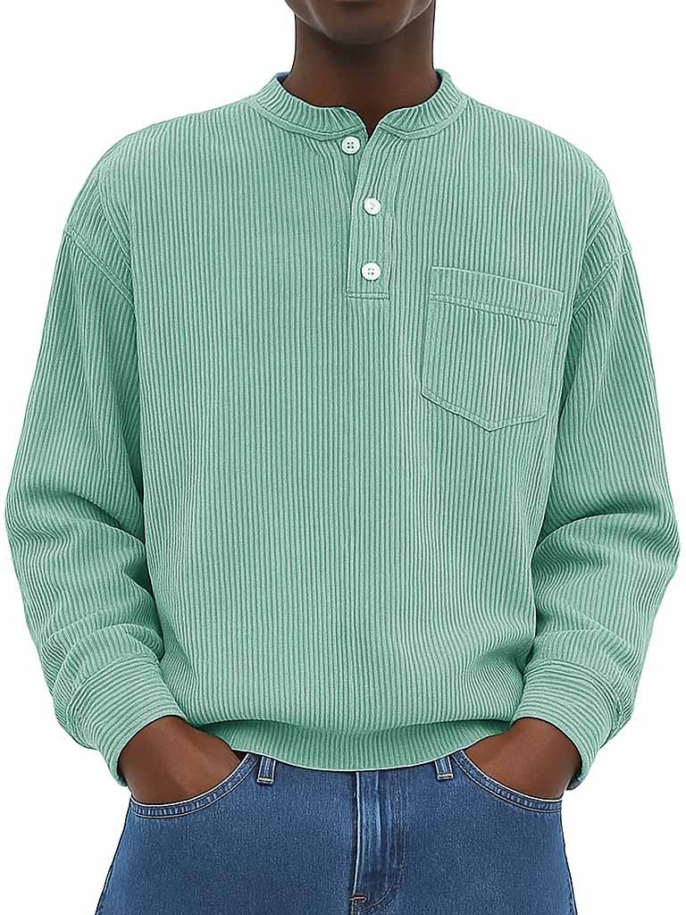 Herrenmode Freizeit Ribstoff Stehkragen Langarm Henley-Shirt-deurabatt