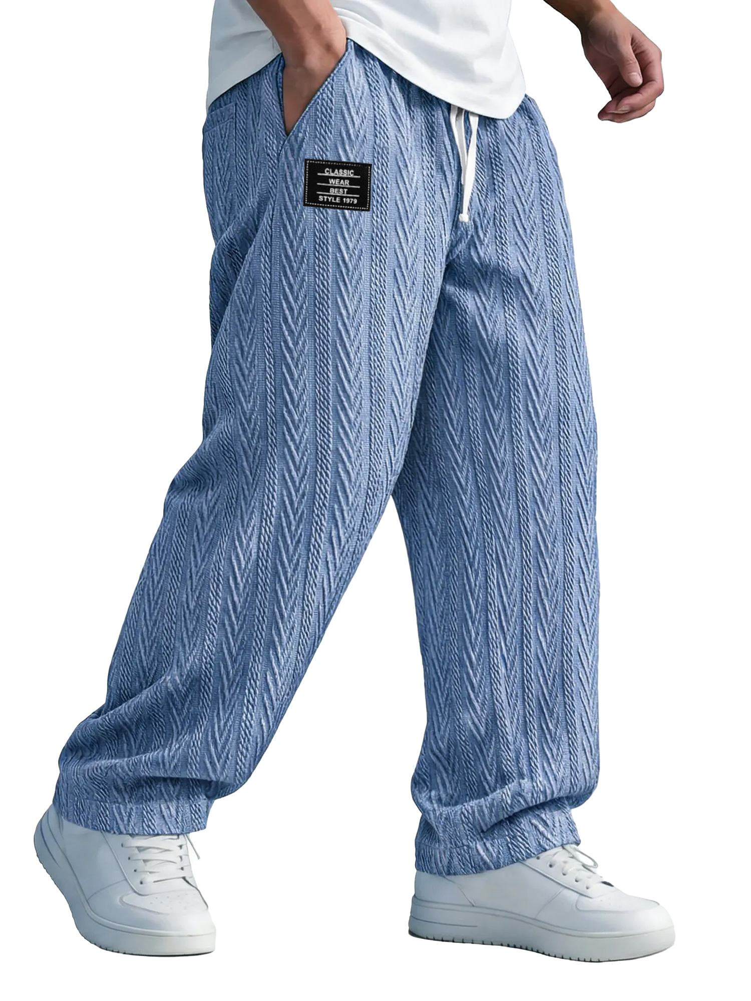 Herren einfarbige Jacquard-Textur Freizeit-Hosen mit elastischem Bund und gesticktem Logo.-deurabatt