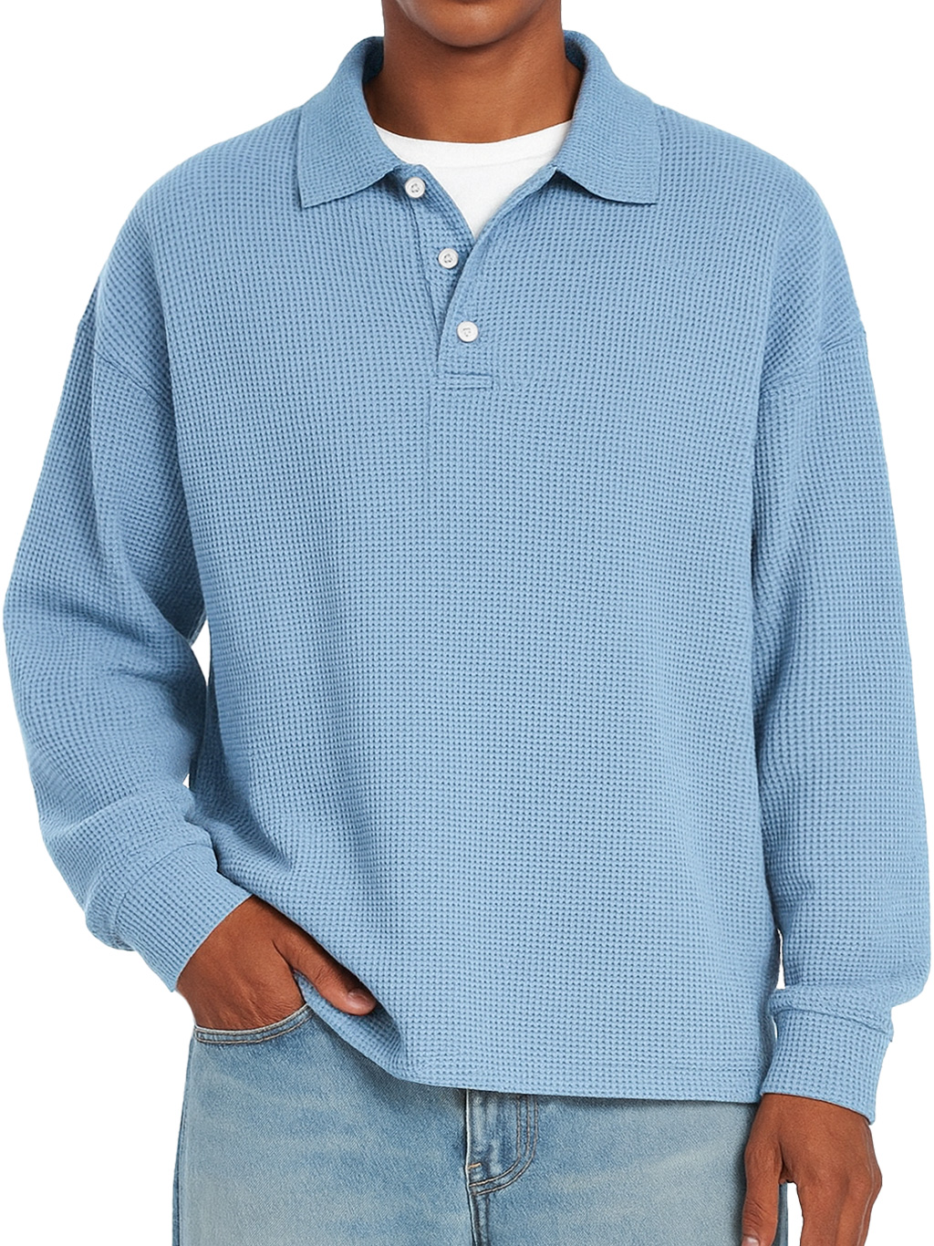 Herren Daily Waffle Freizeit Revers Knopf Locker Langarm Polohemd-deurabatt