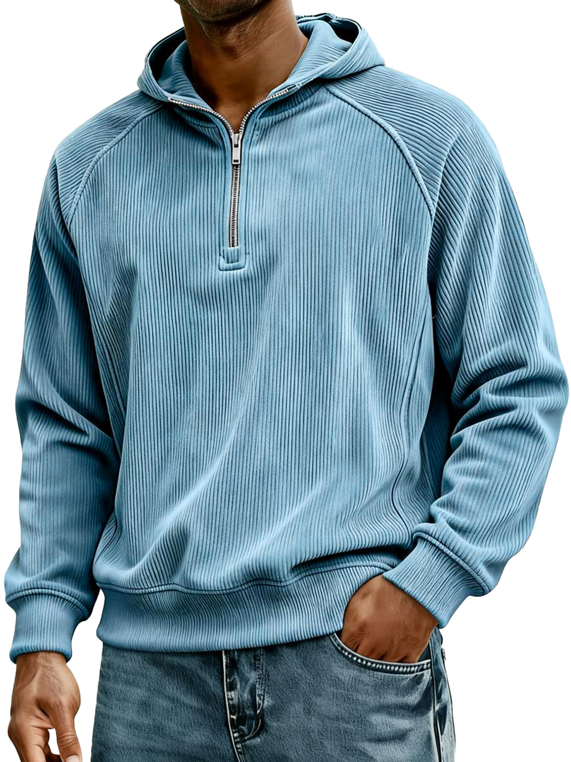 Herren Retro Corduroy Raglan Kapuzenpullover mit Reißverschluss-deurabatt