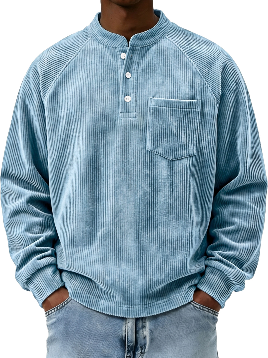 Herren Vintage Corduroy Stehkragen Knopf-up Raglanärmel Freizeitshirt mit Taschen-deurabatt