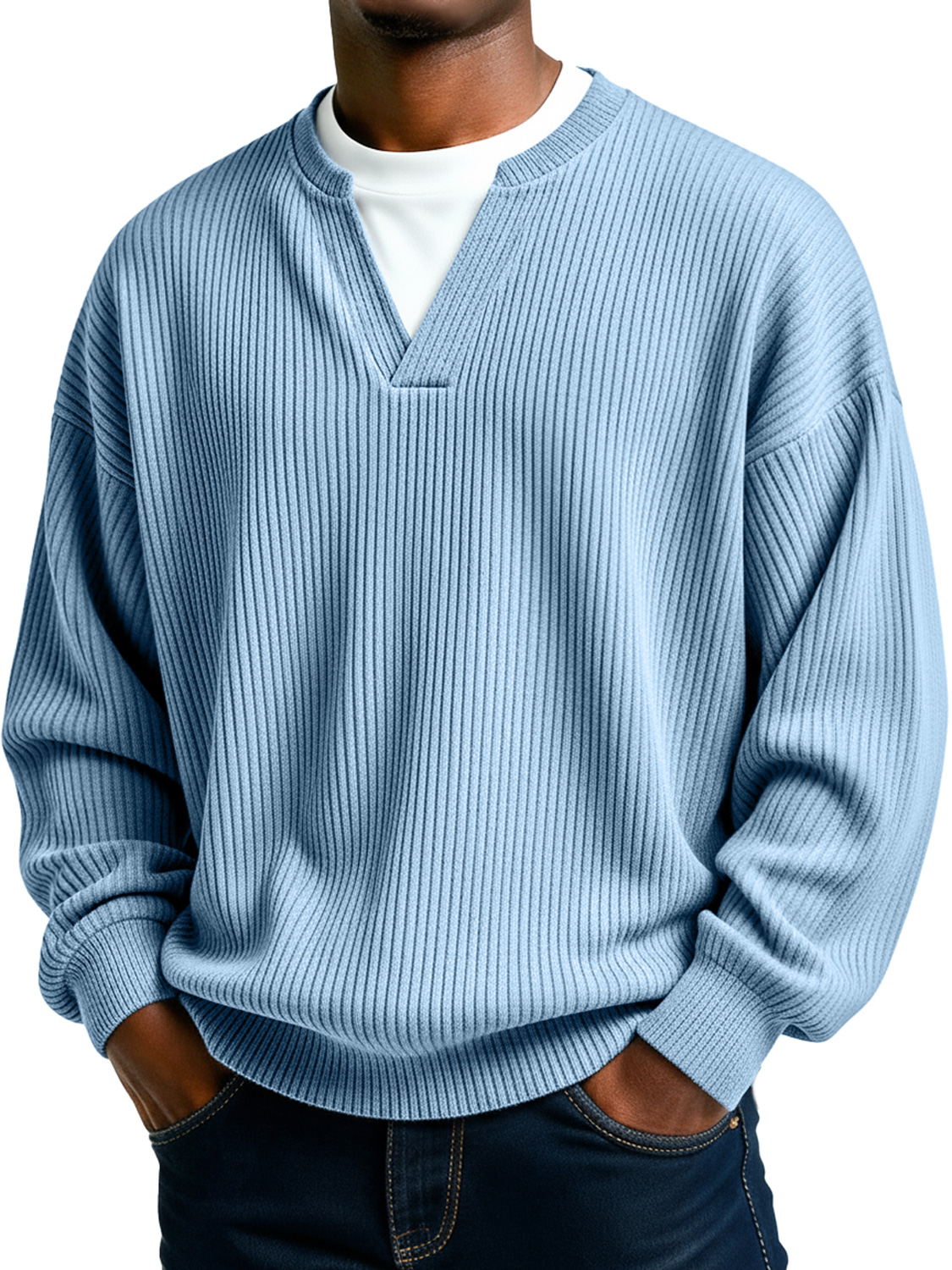 Herren Einfaches Geripptes V-Ausschnitt Faux Zwei-Teile Lässiges Langarm-T-Shirt-deurabatt