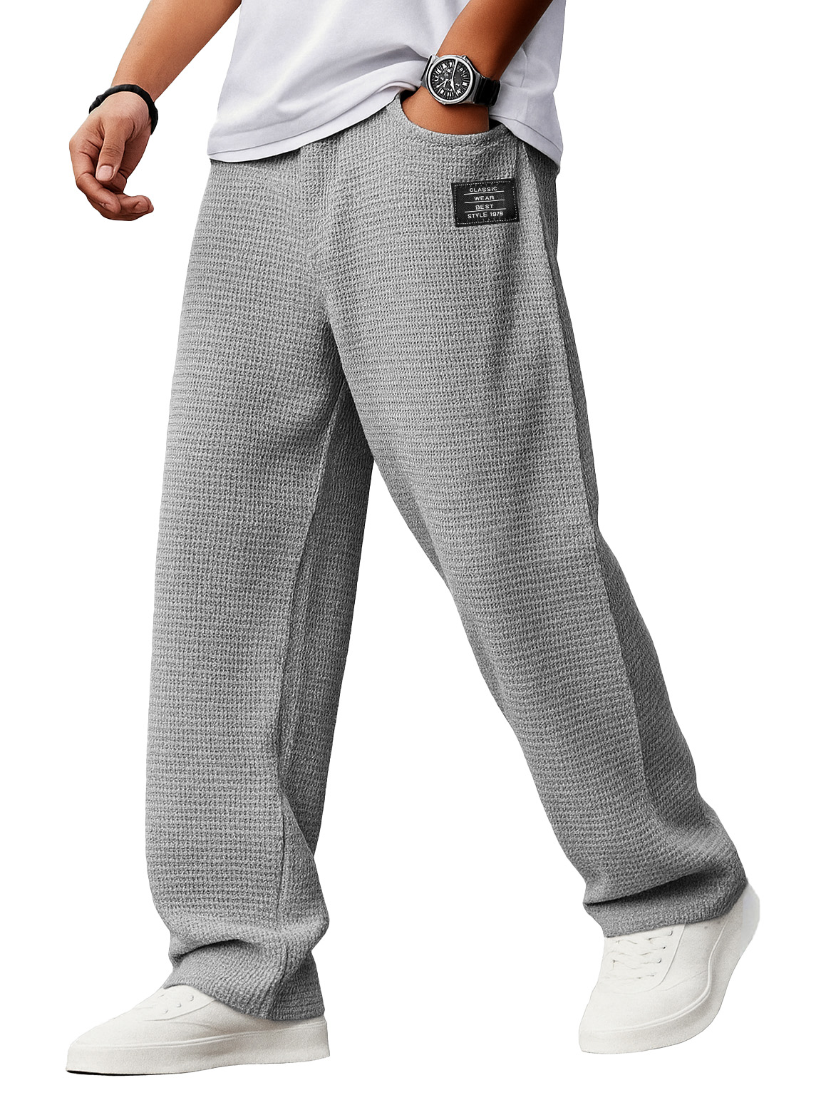 Herren Stylische Alltags-Waffelstoff-Hosen mit lockerer Passform, Kordelzugbund und gesticktem Logo-ZierMode