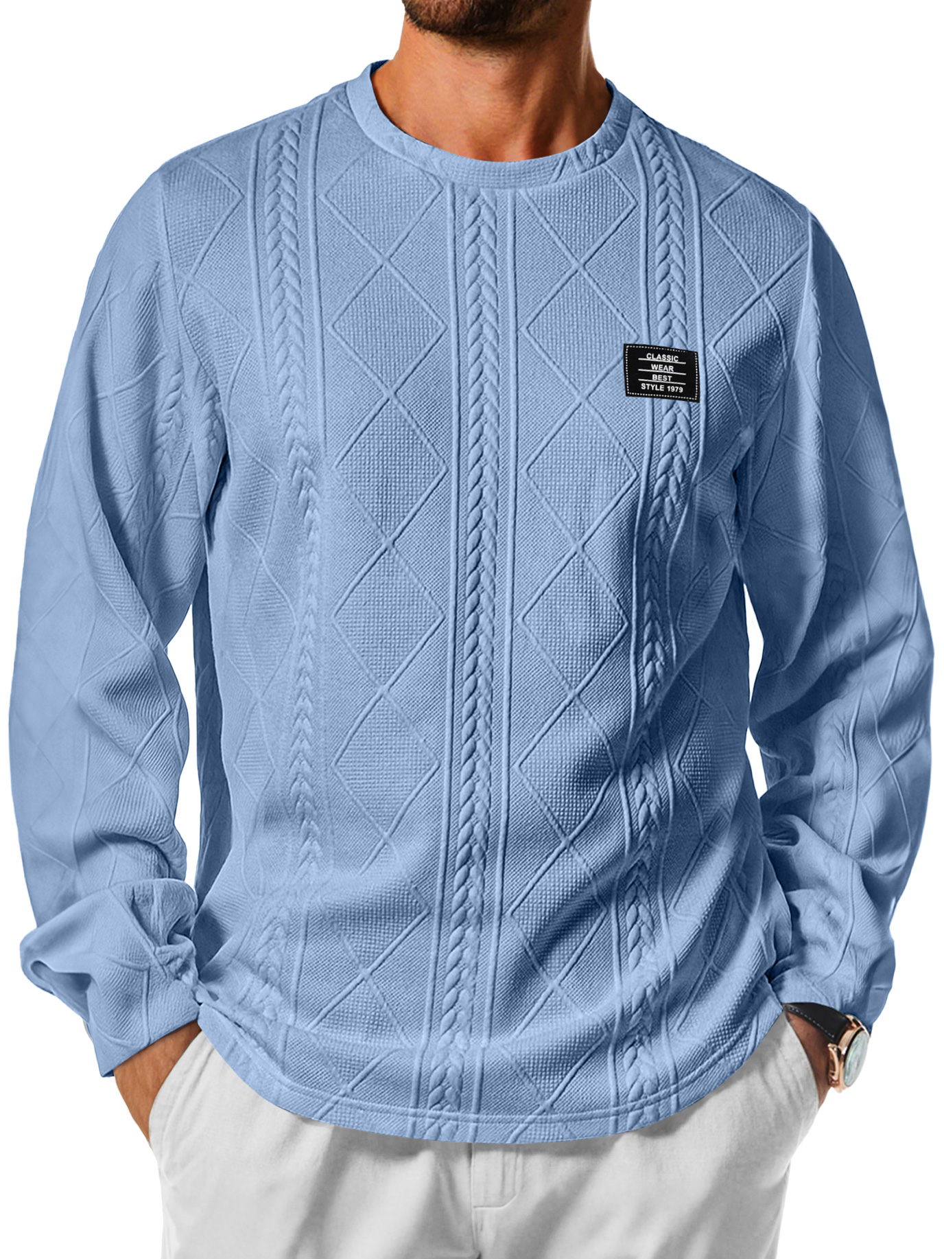 Herren Daily Rundhals Jacquard-Textur Besticktes Logo Lässiges Langarm-T-Shirt-deurabatt