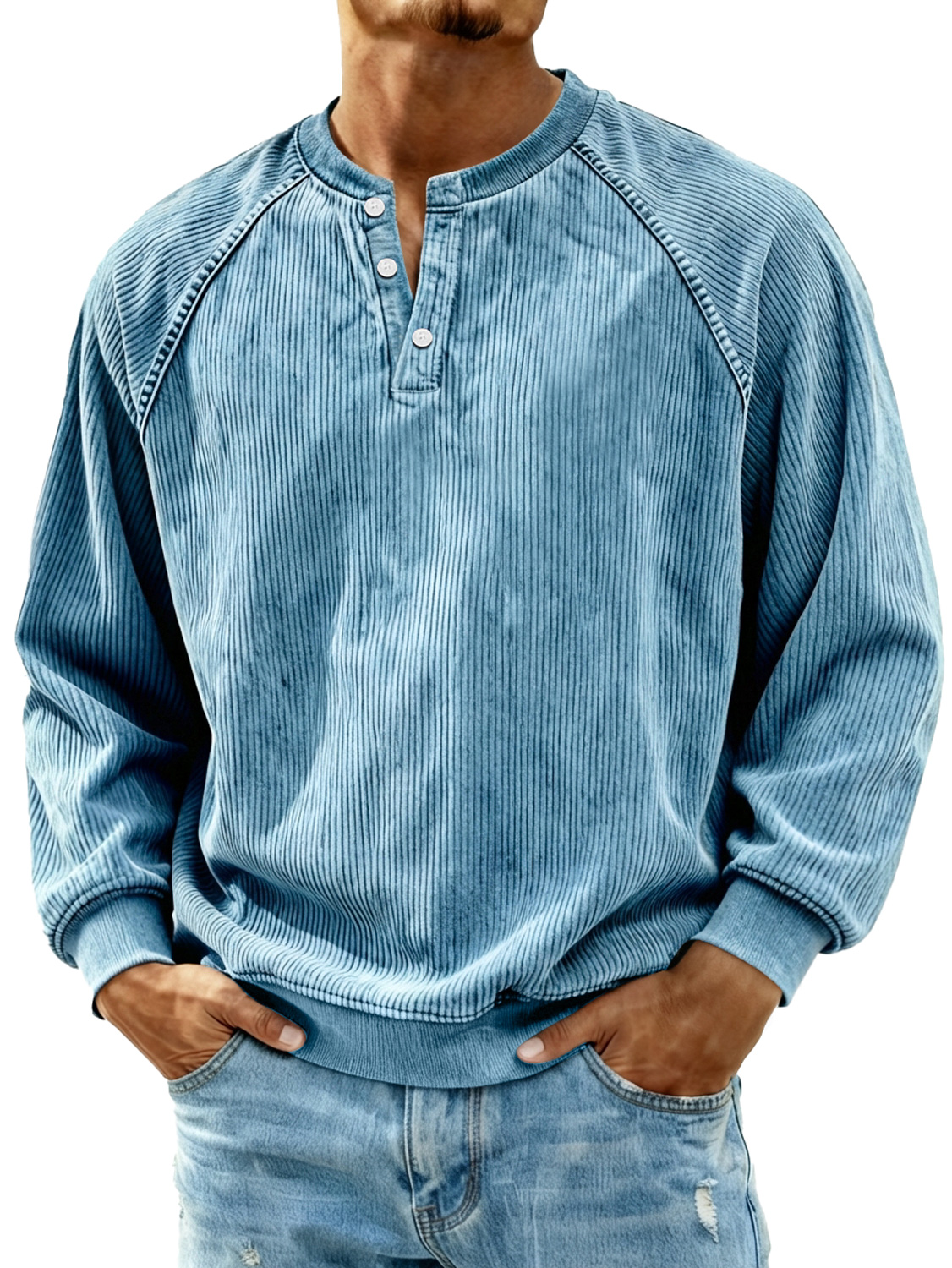 Herren Retro Corduroy Raglan Freizeit Langarm Henley Shirt-deurabatt