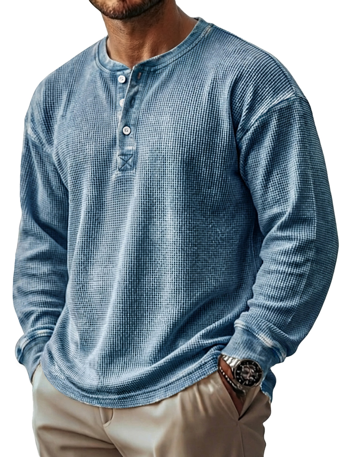 Herren Vintage Waffelstrick Langarm-Henley-Shirt-deurabatt