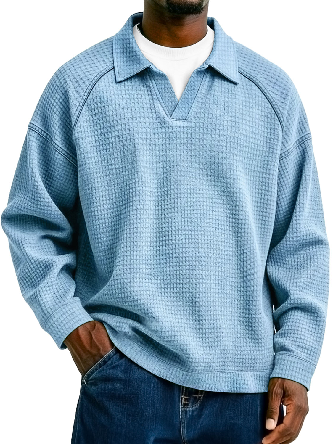 Herren Waffelstrick-Kragen Faux Zwei-Teiler Raglan Patchwork Freizeit Polo-Shirt-deurabatt