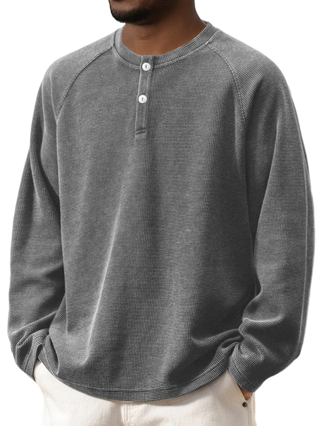 Herren Retro Fashion gewaschen Waffel-Gewand mit Raglanärmeln und Henley-Stil langen Ärmeln-ZierMode