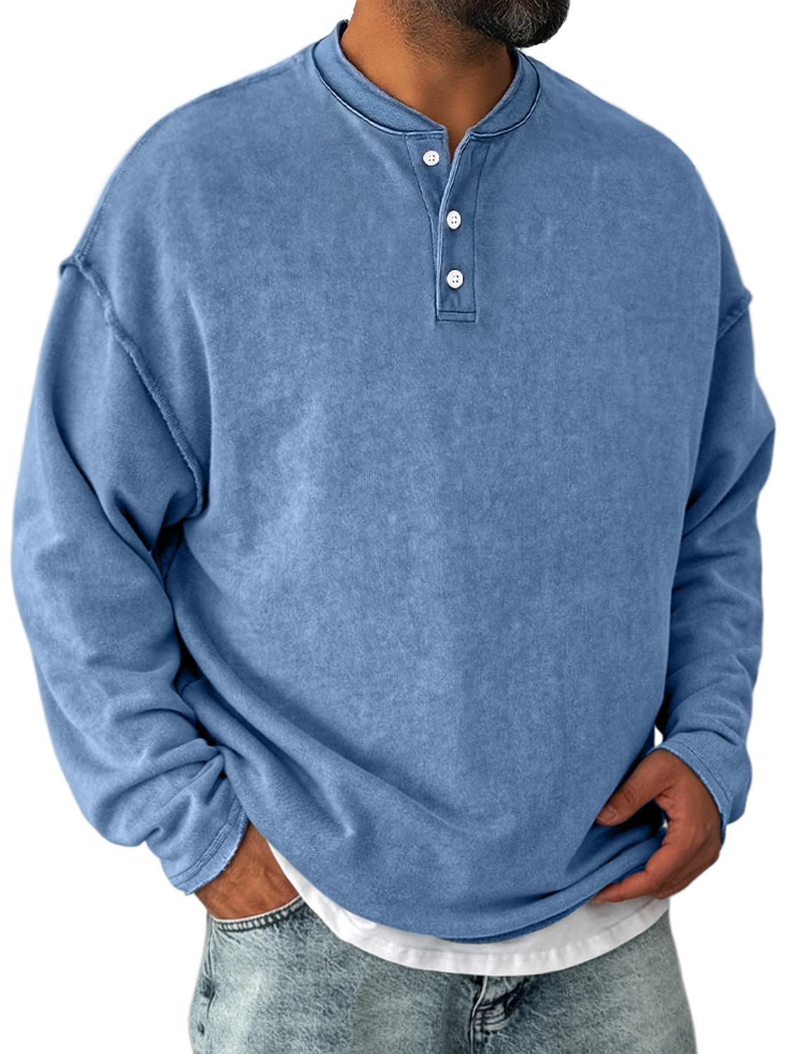 Herren Retro Freizeit Stehkragen Knopf-Down Langarm Henley Shirt-deurabatt