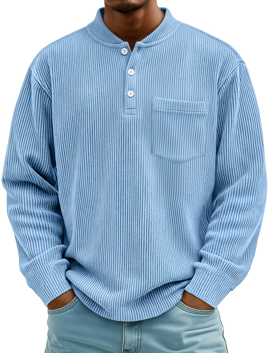 Herrenmode Ridge Stehkragen Knopf Freizeit Taschen Henley Shirt-deurabatt