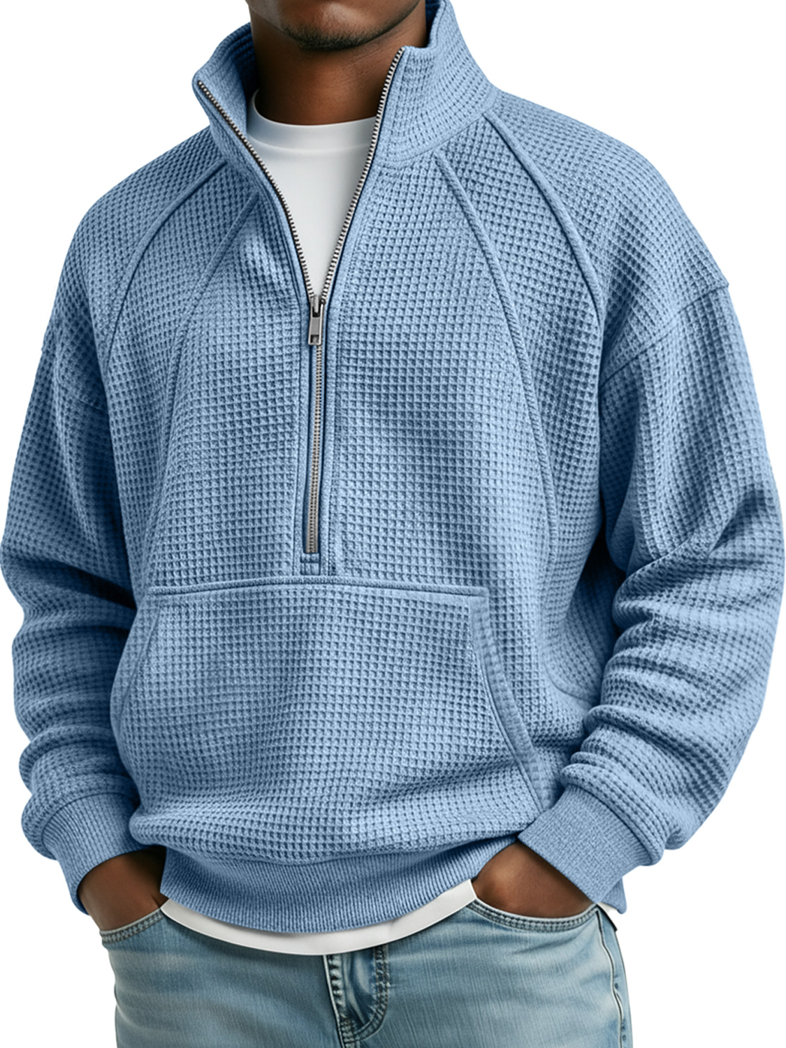 Herren Waffel Stehkragen Reißverschluss Raglan Freizeit Tasche Sweatshirt-deurabatt