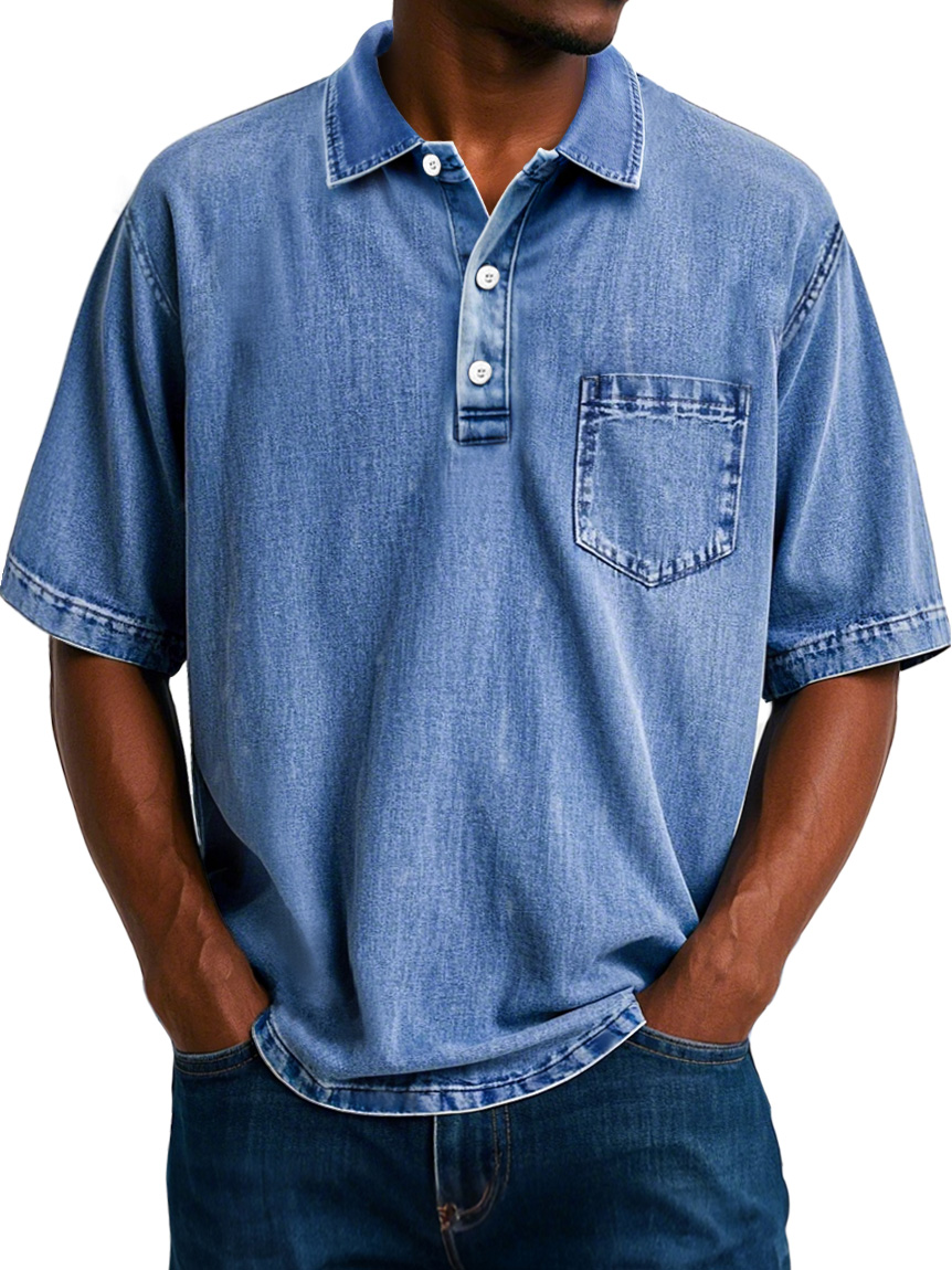 Herren Vintage 100% Baumwolle gewaschenen abgenutzten Revers Tasche lässigen Kurzarm POLO Hemd-ZierMode