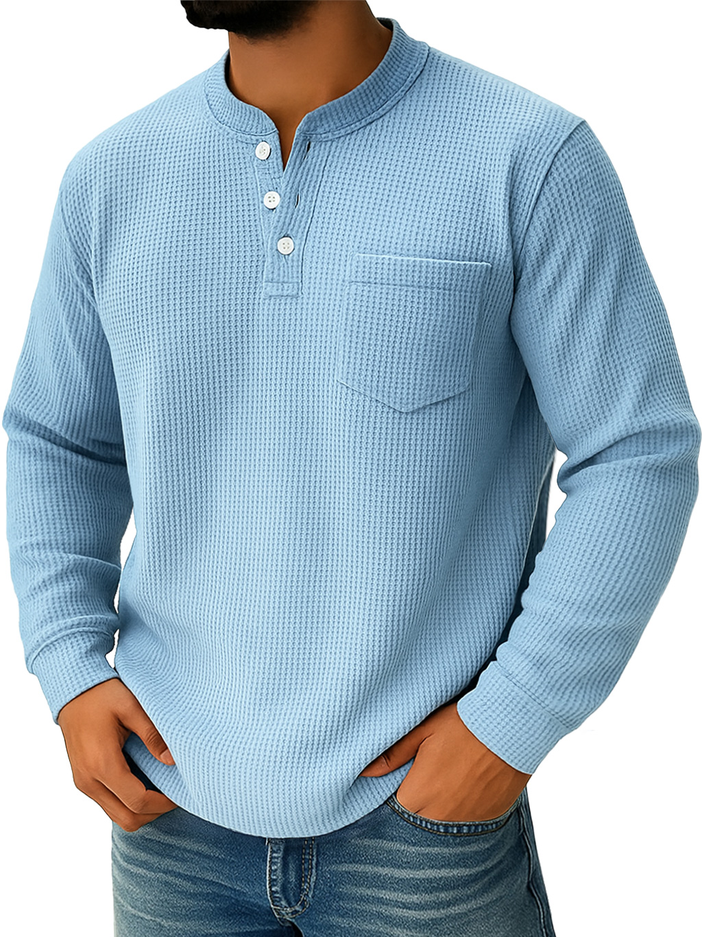 Herren Alltags Waffelkragen Button-Down Freizeit Langarm Henley-deurabatt