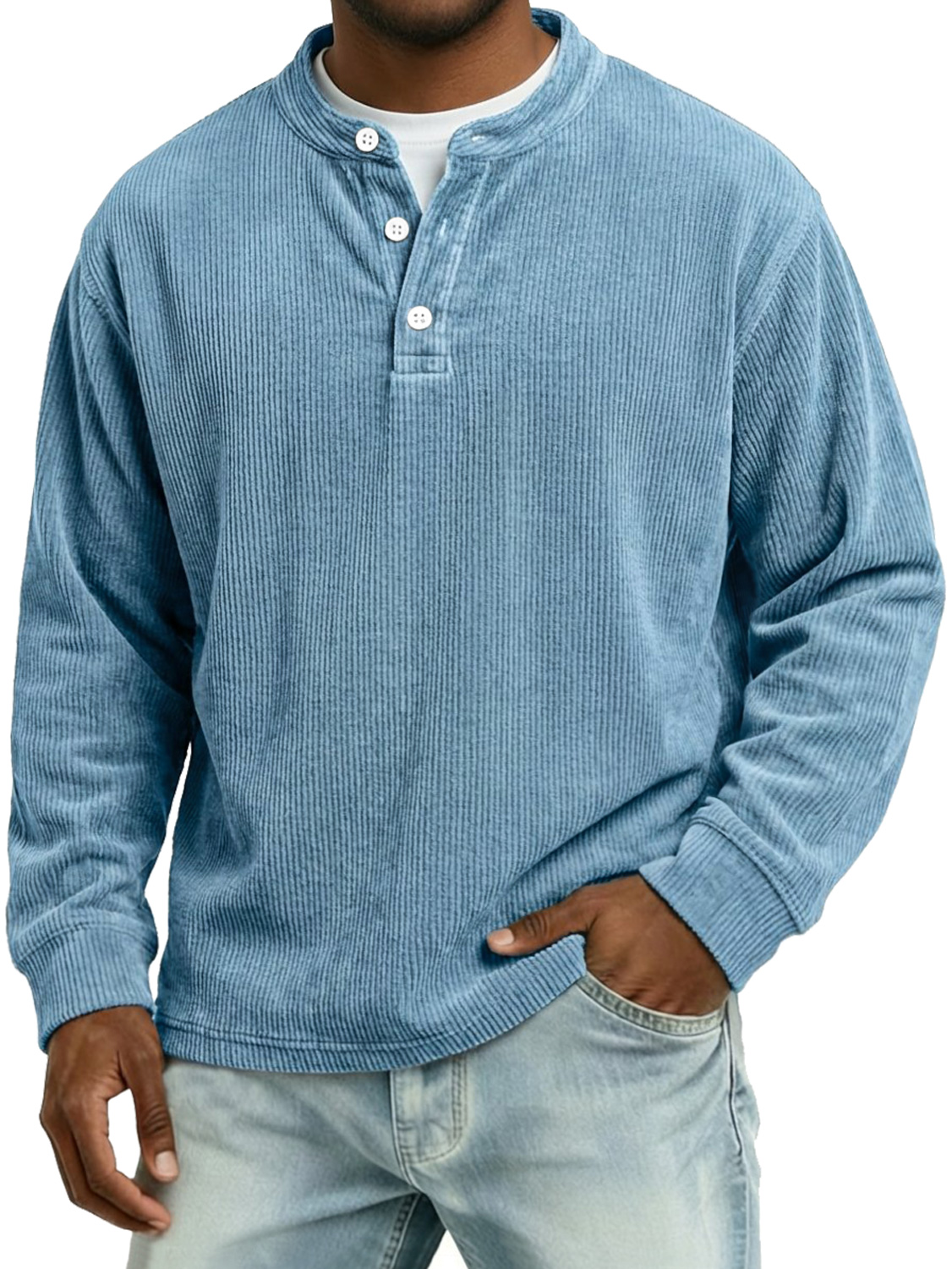 Herren Vintage Corduroy Freizeit Langarm-Henley-Shirt-deurabatt