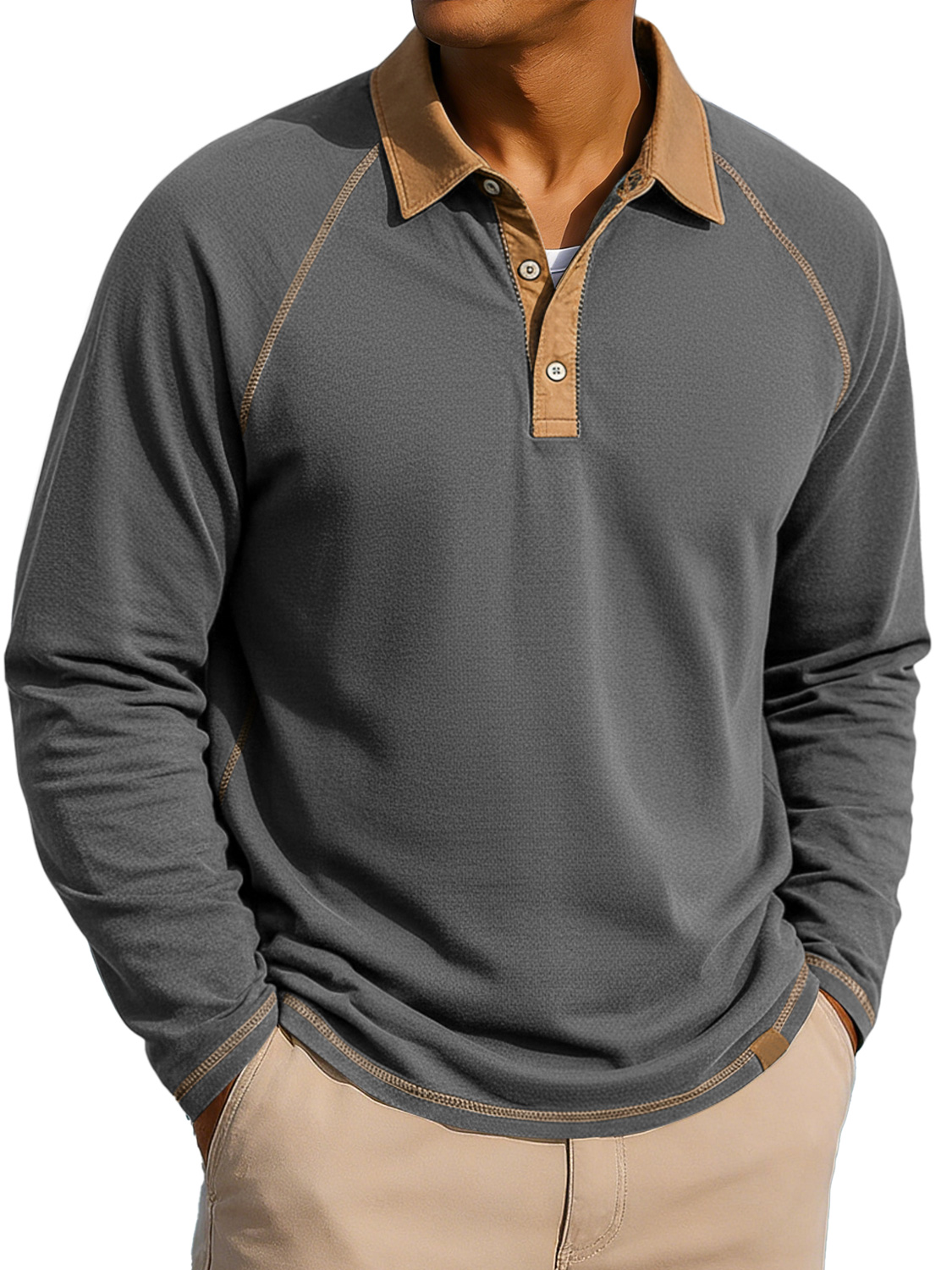 Herren Revers Knopf-auf Farbblock Raglan Ärmel Freizeit Langarm Polohemd-deurabatt