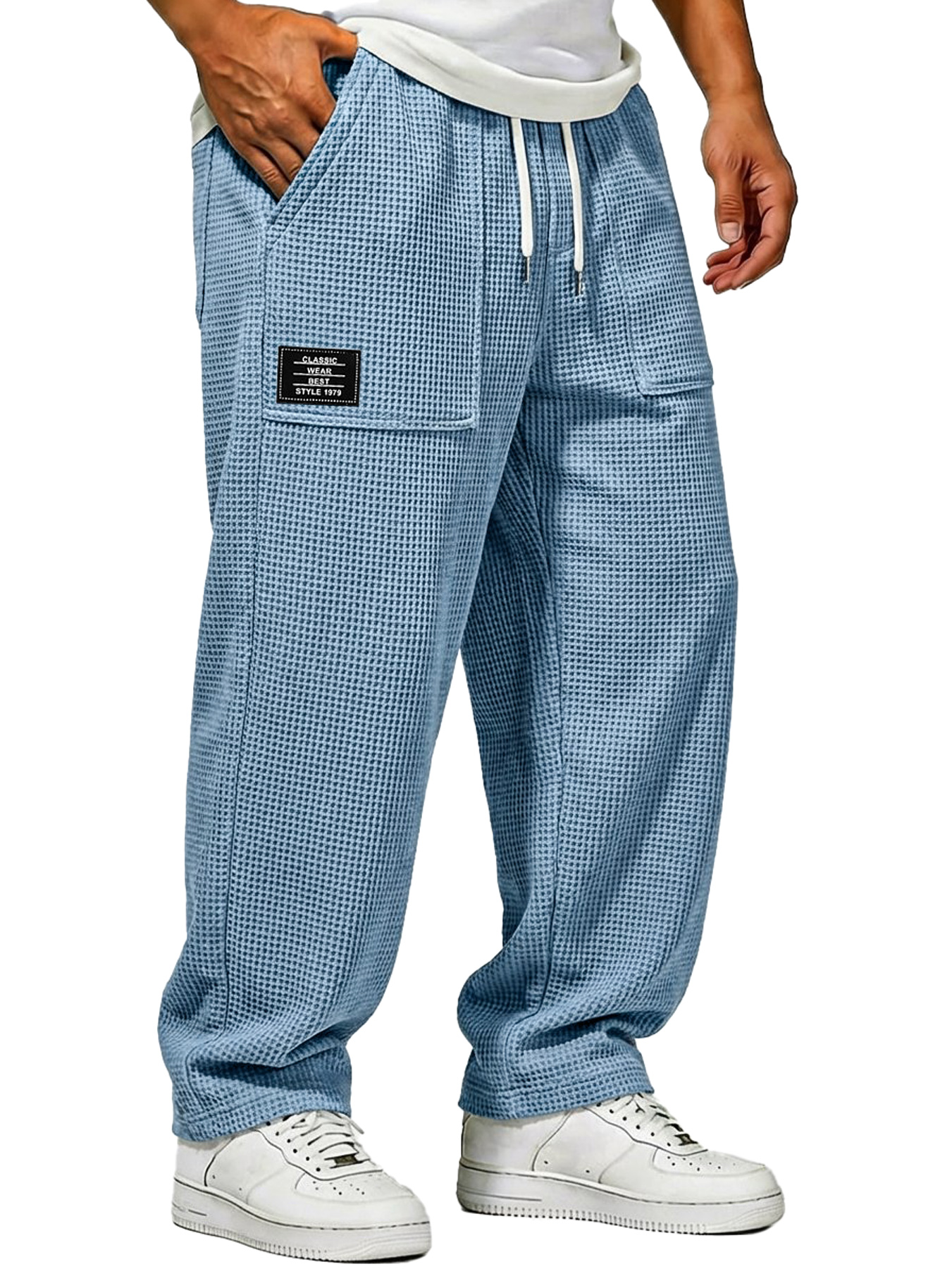 Herren Waffelstrick Freizeitlockere Hose mit aufgesetzten Taschen und gesticktem Logo-deurabatt