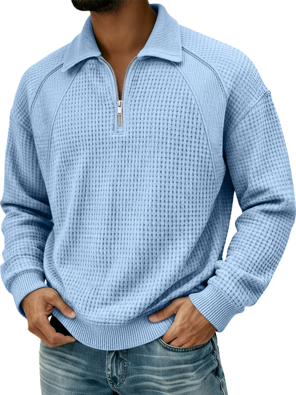 Herren Waffel Revers Reißverschluss Design Split Naht Polo Shirt-deurabatt