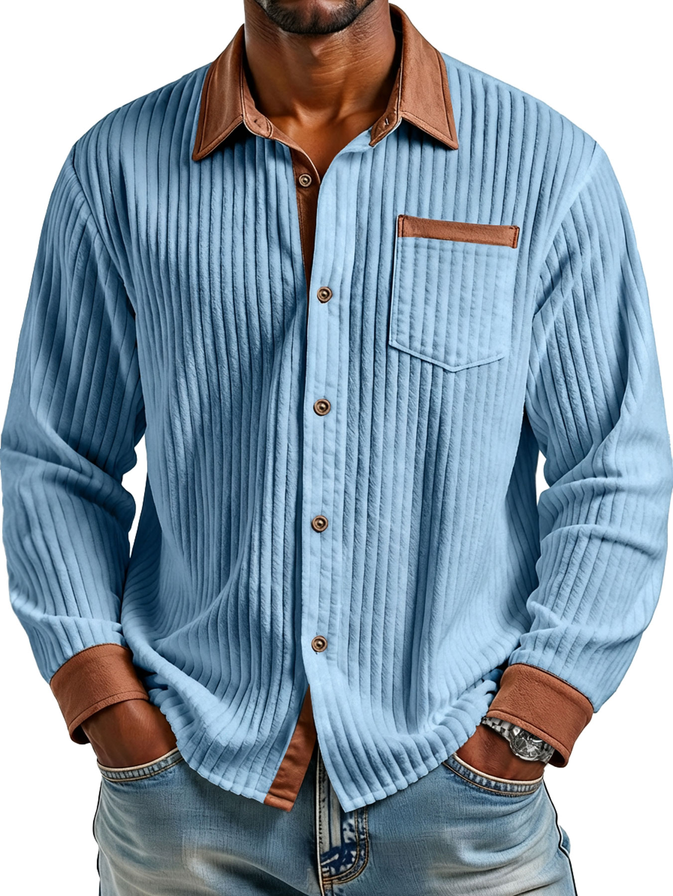 Herren Retro Corduroy Kragen Farbblock Casual Langarmhemd-deurabatt