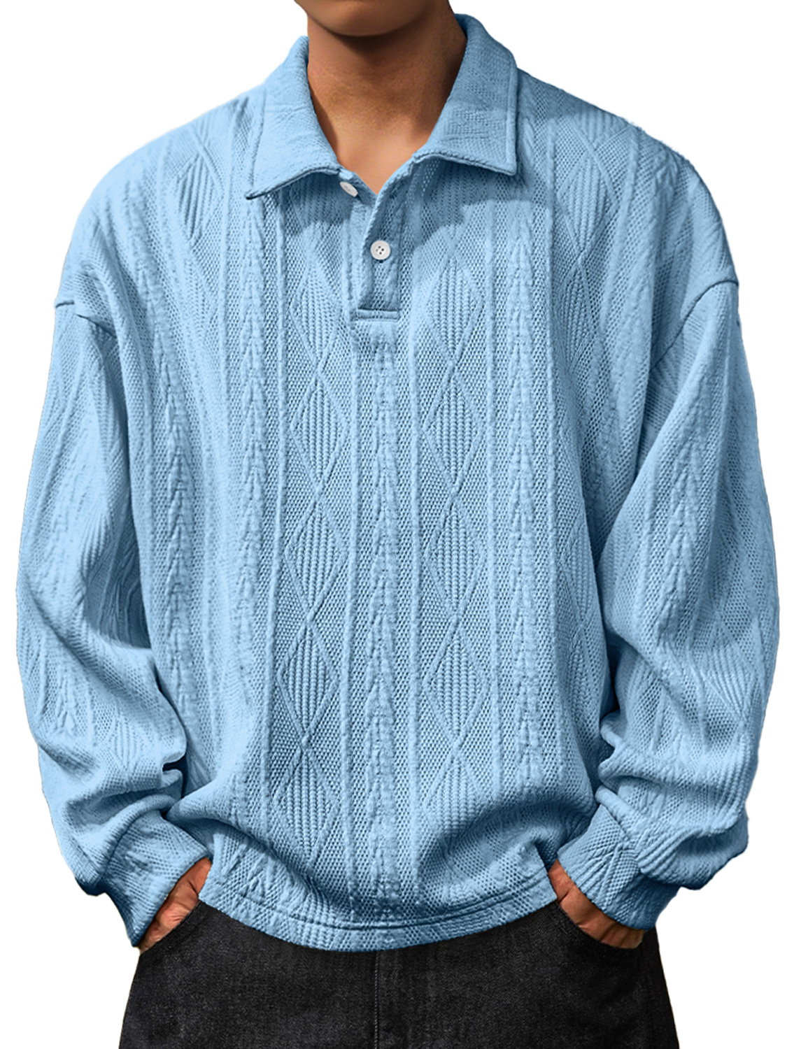Herren Daily Jacquard Struktur Revers Knopf Langarm Polohemd-deurabatt