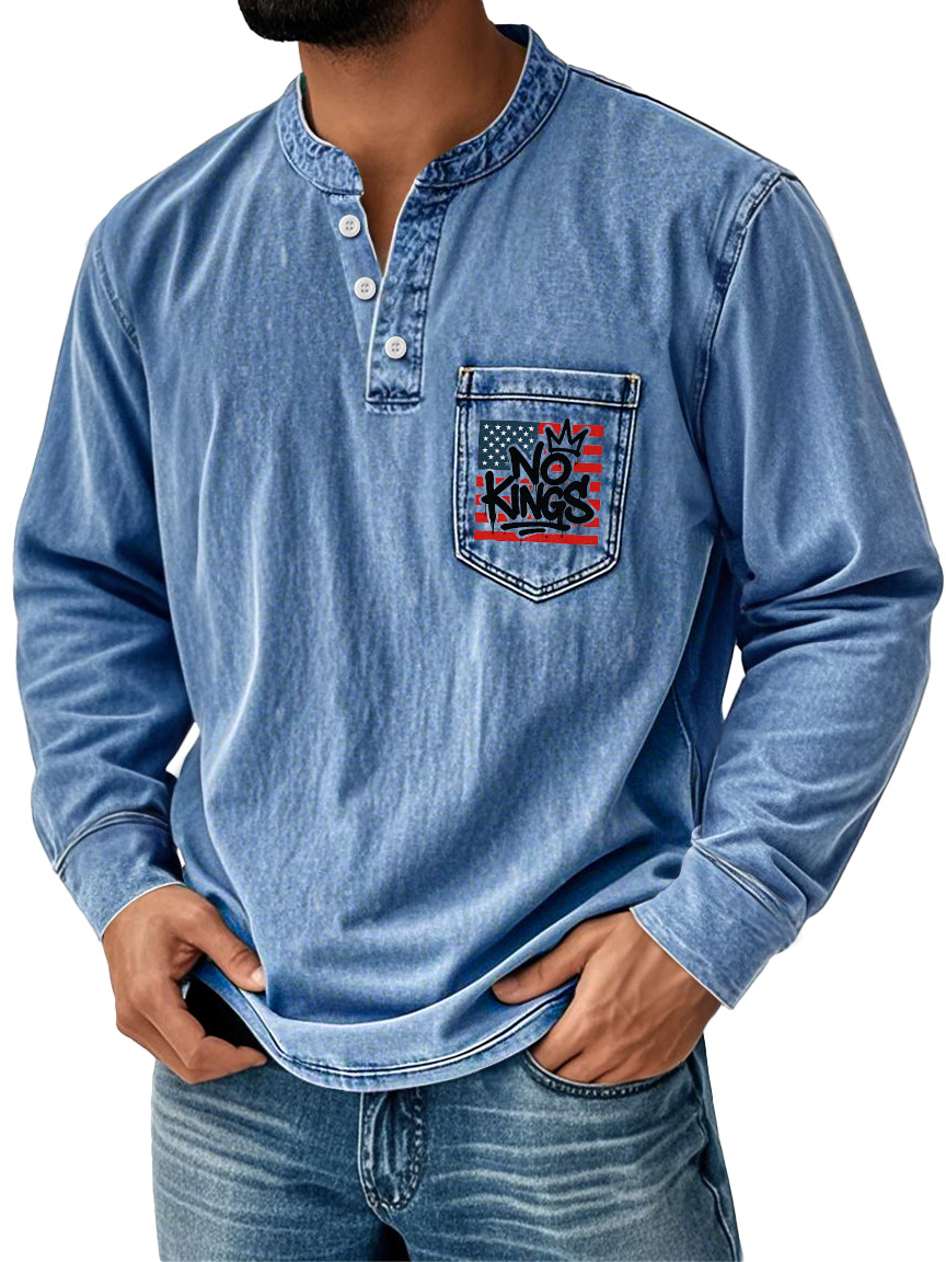 Herren Vintage No Kings Stehkragen Knopf Tasche Lässig Langarm Henley-deurabatt