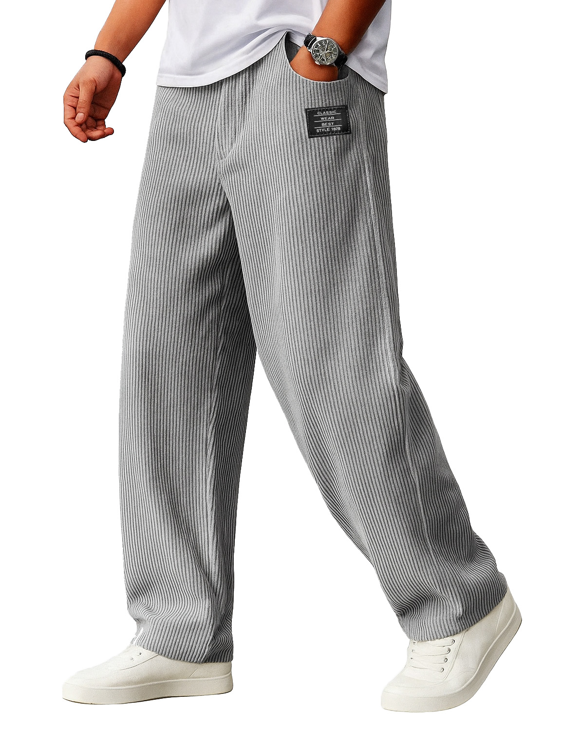 Herren lockere Mode Cordstoff gerippter Stoff besticktes Logo Kordelzug lockere elastische Taille Taschenhose-ZierMode