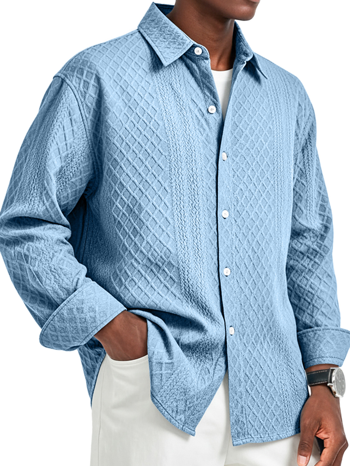 Herren Daily Jacquard Struktur Freizeit Revers Langarmhemd-deurabatt
