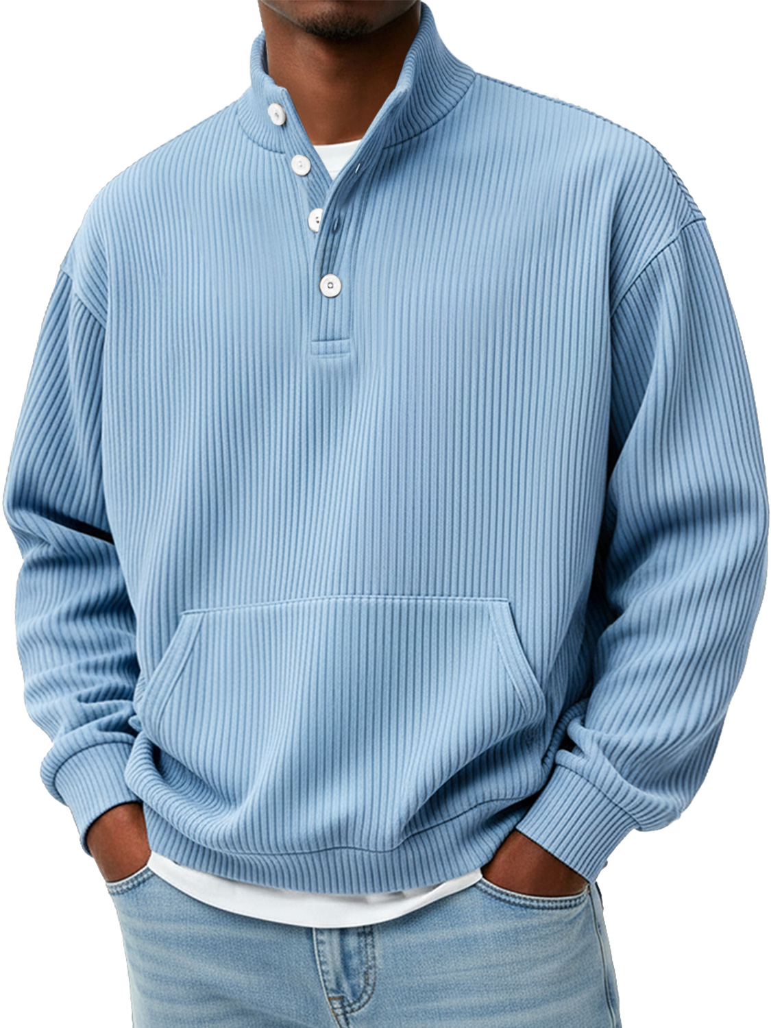 Herren Einfaches Rippkragen Knopf Freizeit Lockeres Sweatshirt-deurabatt