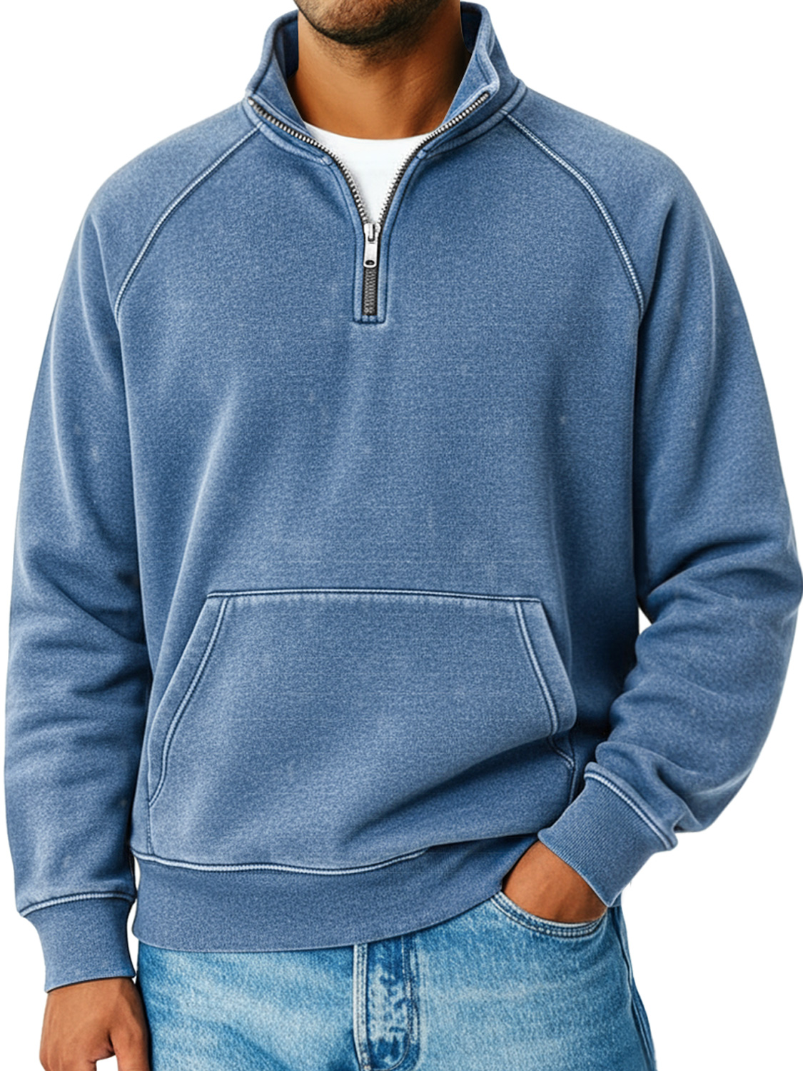 Herren Retro Raglanärmel Stehkragen Reißverschluss Lockere Freizeit Sweatshirt-deurabatt