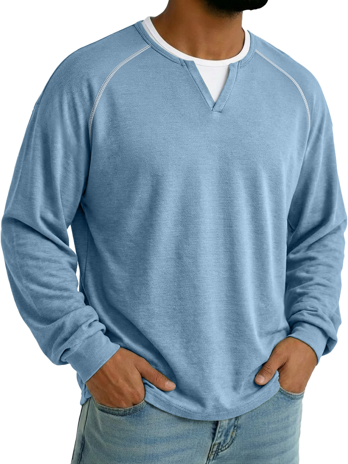 Herren Faux Zweiteilig Doppel-Lagen Kragen Raglan Ärmel Lässiges Langarm T-Shirt-deurabatt