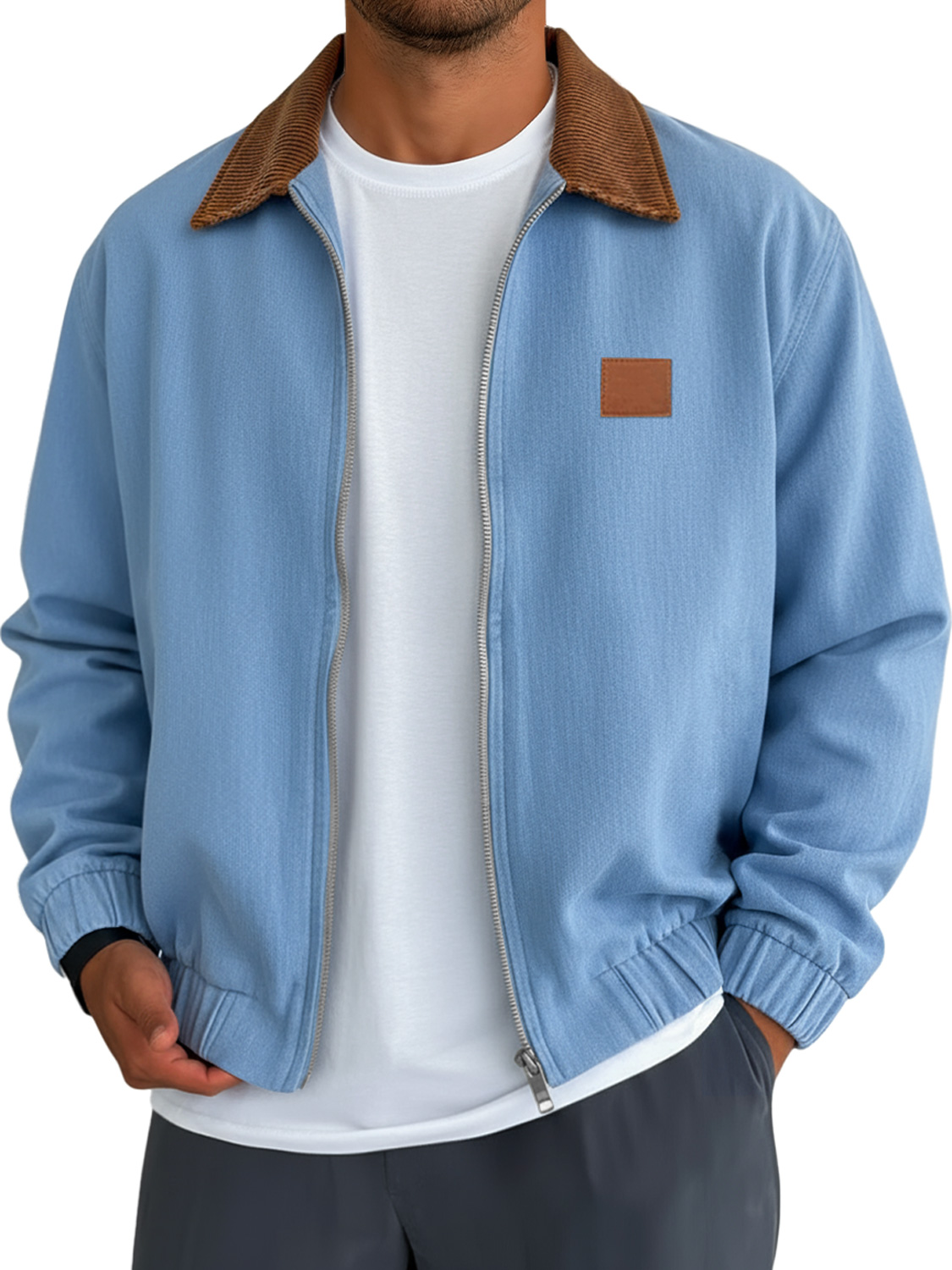 Herren Einfaches Einfarbiges Patchwork-Kragen Besticktes Lederlabel Freizeitjacke-deurabatt