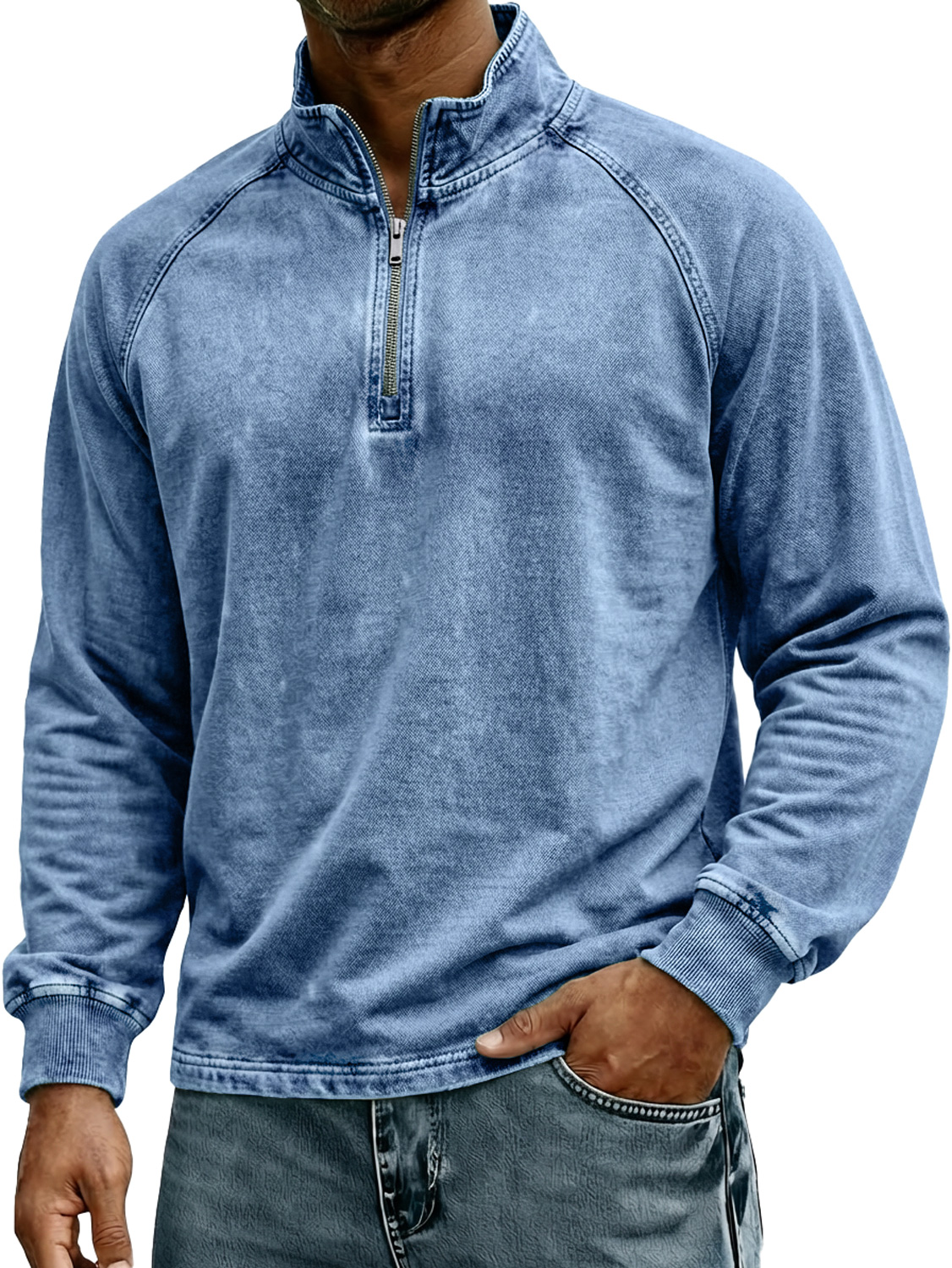 Herren Retro Stehkragen Reißverschluss Raglan Design Freizeit Langarm T-Shirt-deurabatt