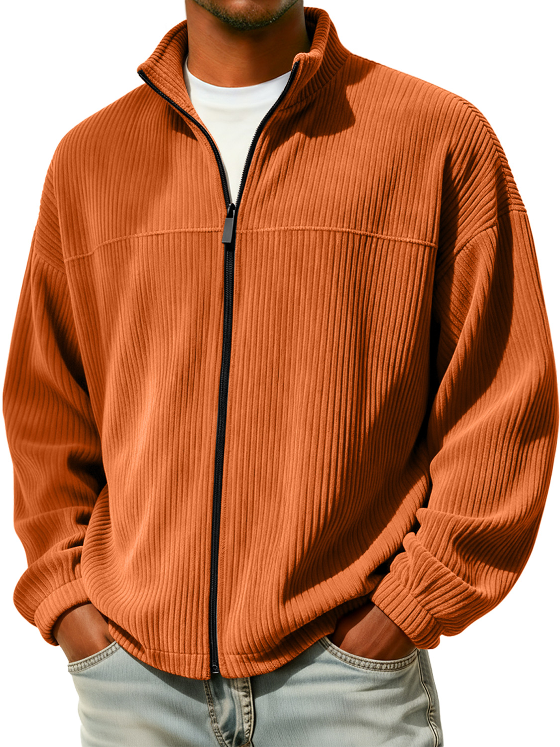 Herren einfache Stehkragen Reißverschluss Cord-Jacke casual-deurabatt