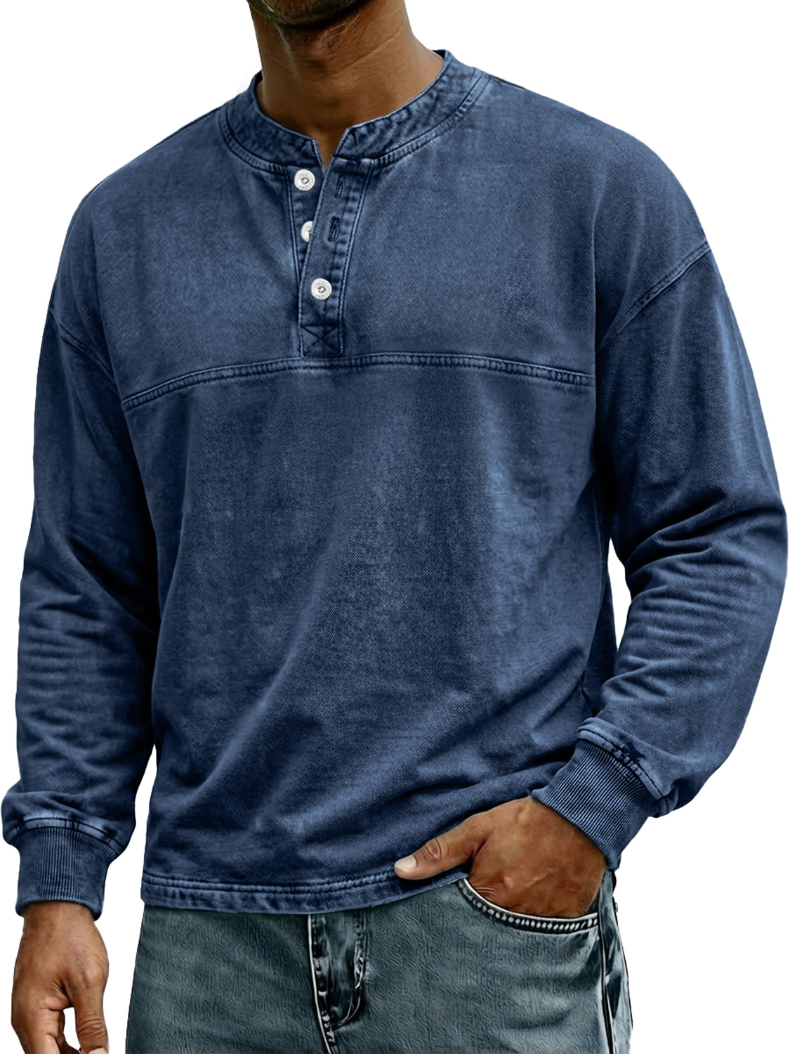 Herren Retro-Stil Stehkragen Knopf Freizeit Langarm Henley Hemd-deurabatt