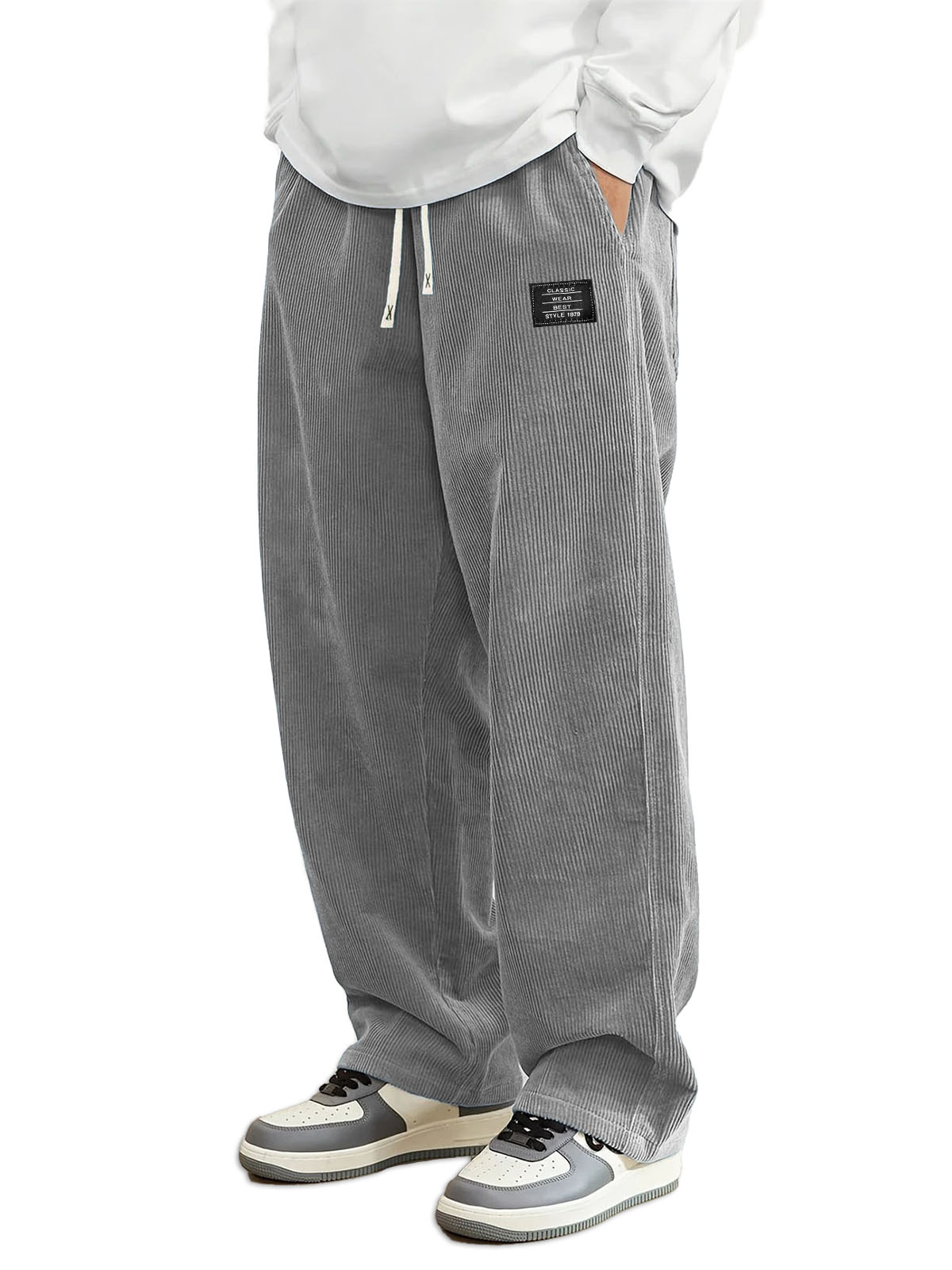 Herren Daily Casual Pit Streifen Corduroy Stoff Stickerei Logo Tether Lockere Elastische Taille Taschenhose-ZierMode