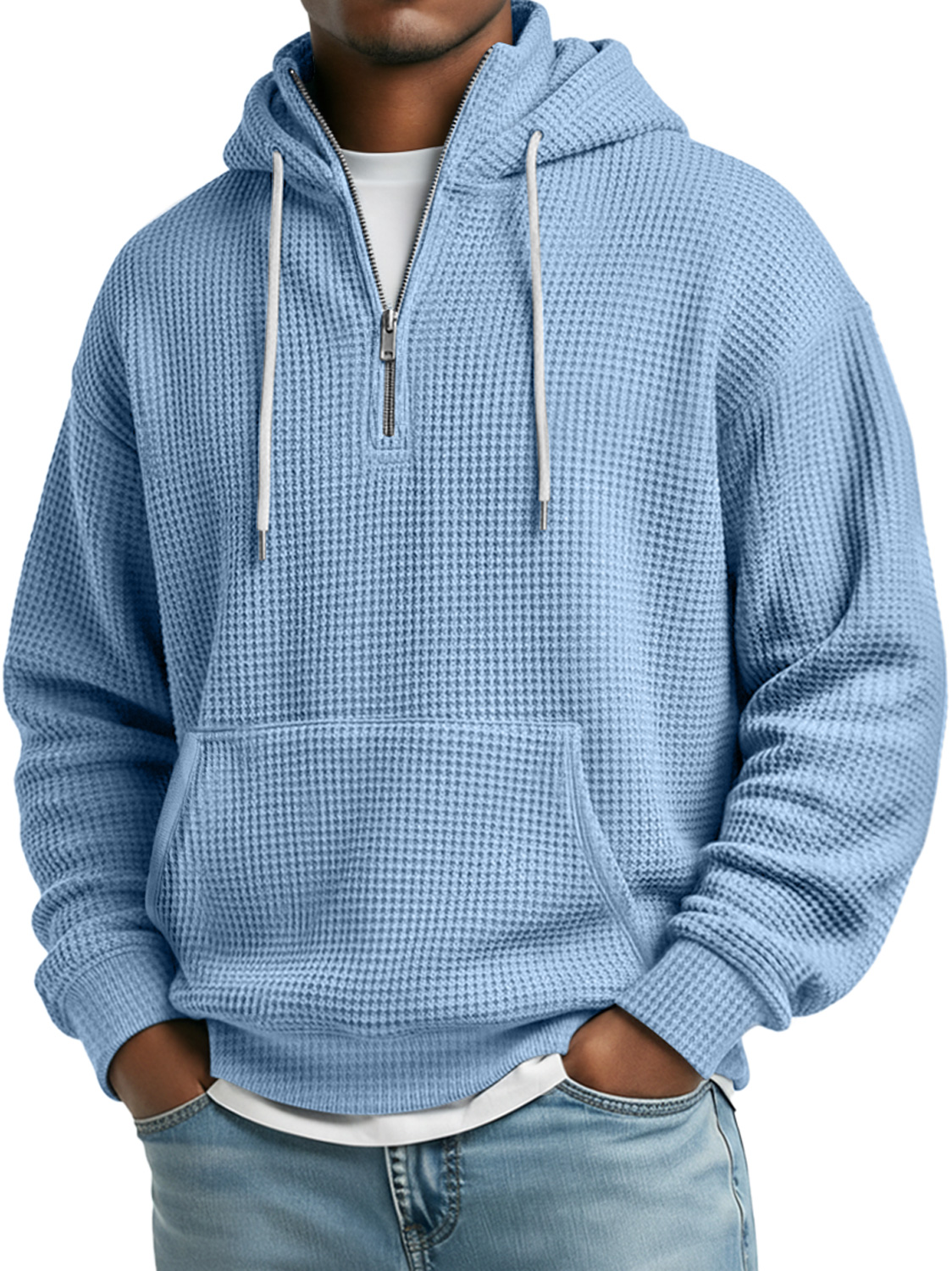 Herren Daily Waffle Stehkragen Reißverschluss Lässiger Lockere Kapuzenpullover-deurabatt