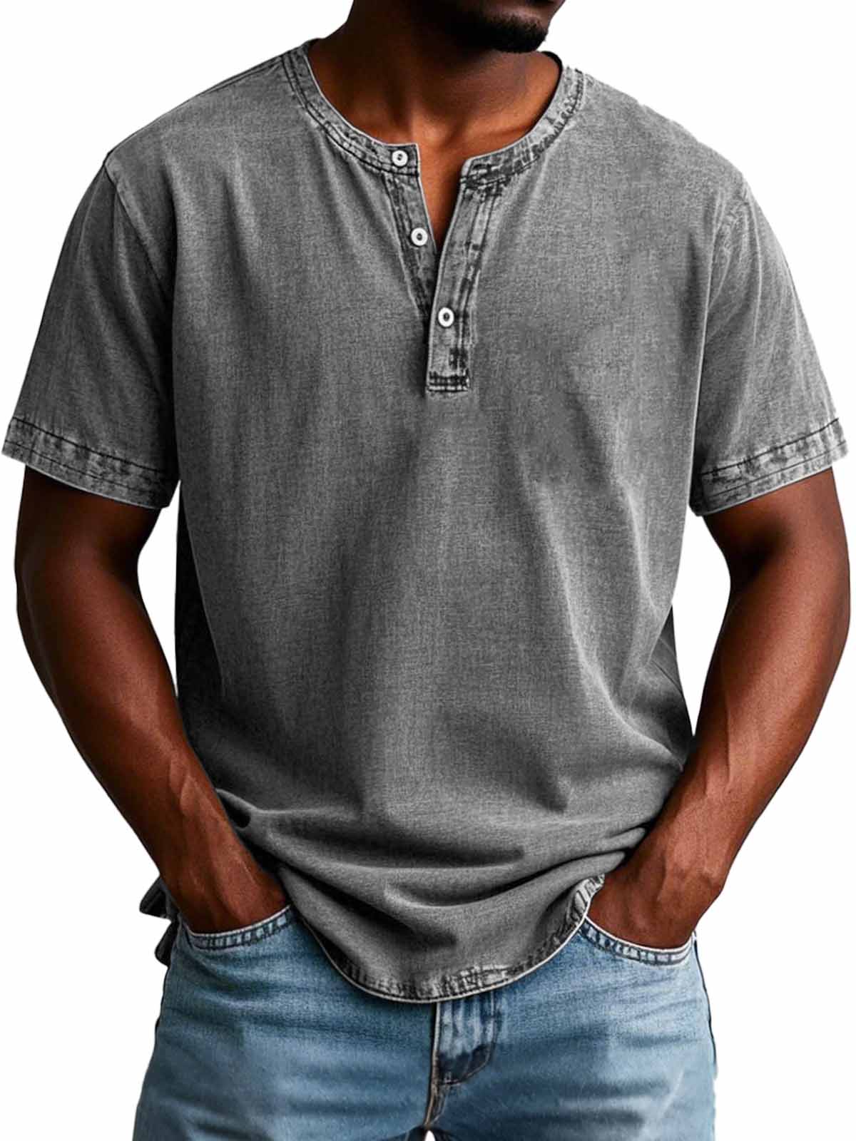 Herrenmode Vintage Verwaschenes Kurzarm-Henley-Shirt-deurabatt