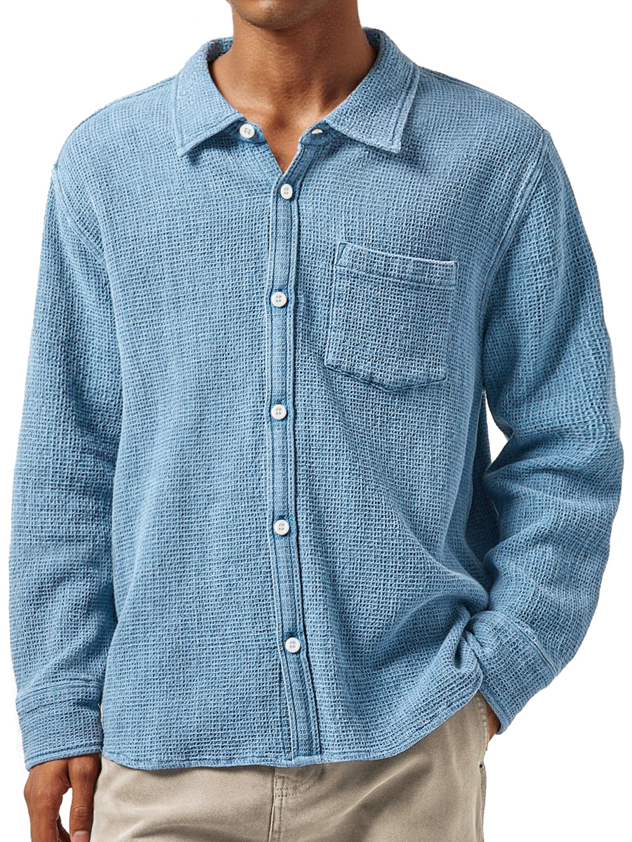 Herren Daily Waffle Texture Revers Tasche Lässige Langarmshirt-deurabatt