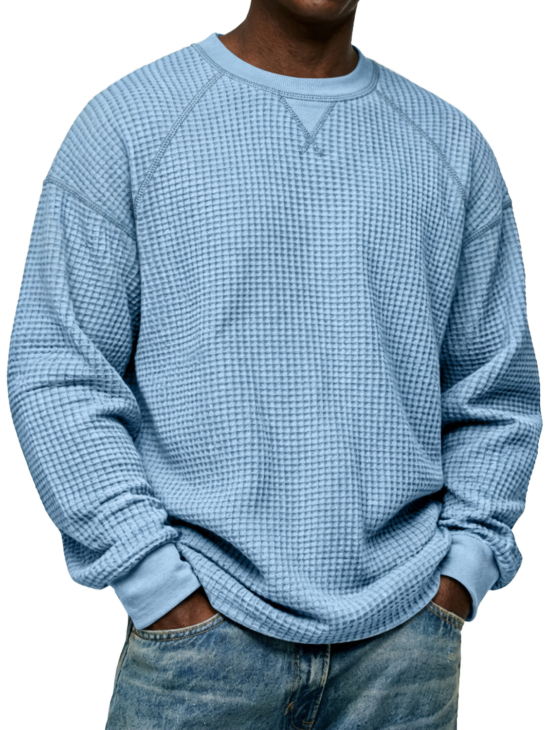 Herren Einfaches Waffelstrick Rundhals Raglanärmel Langarm-T-Shirt-deurabatt