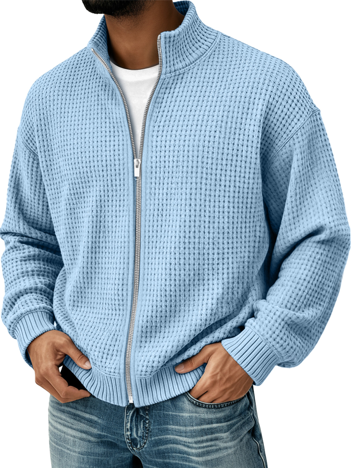 Herren Einfacher Stehkragen Waffel Freizeit Zip-Up Jacke-deurabatt