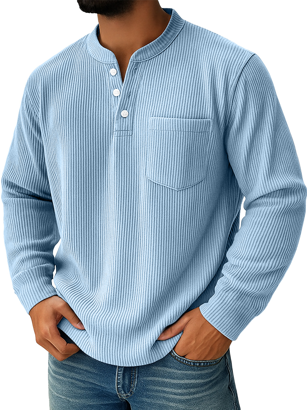 Herren Einfaches Alltags-Ripp-Stehkragen-Taschen-Lässiges Langarm-Henley-Shirt-deurabatt