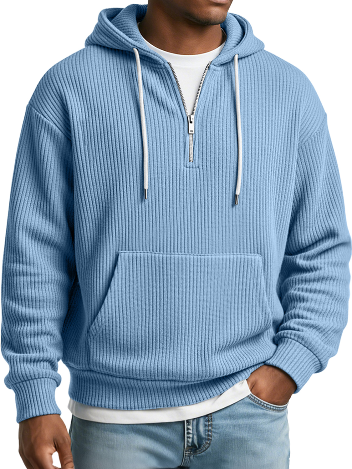 Herren Einfaches Geripptes Texturiertes Kapuzen-Sweatshirt mit Reißverschluss in Lässiger Lockere Passform-ZierMode