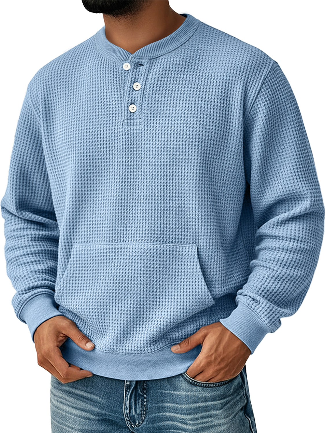 Herren Einfaches Waffel Stehkragen Knopf Freizeit Tasche Sweatshirt-deurabatt