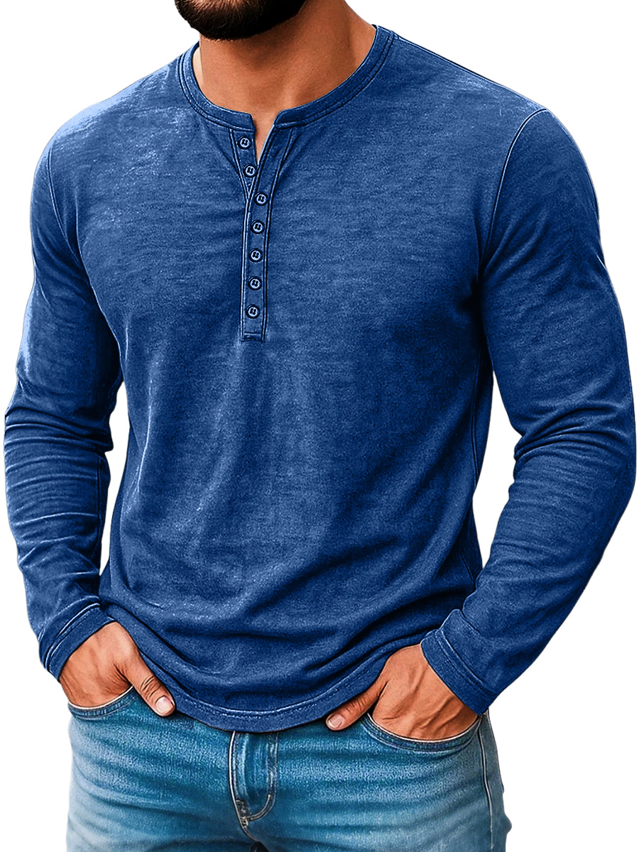 Herren Vintage Abgenutztes Baumwolle Lässig Knopf-Down Langarm Henley Hemd-deurabatt