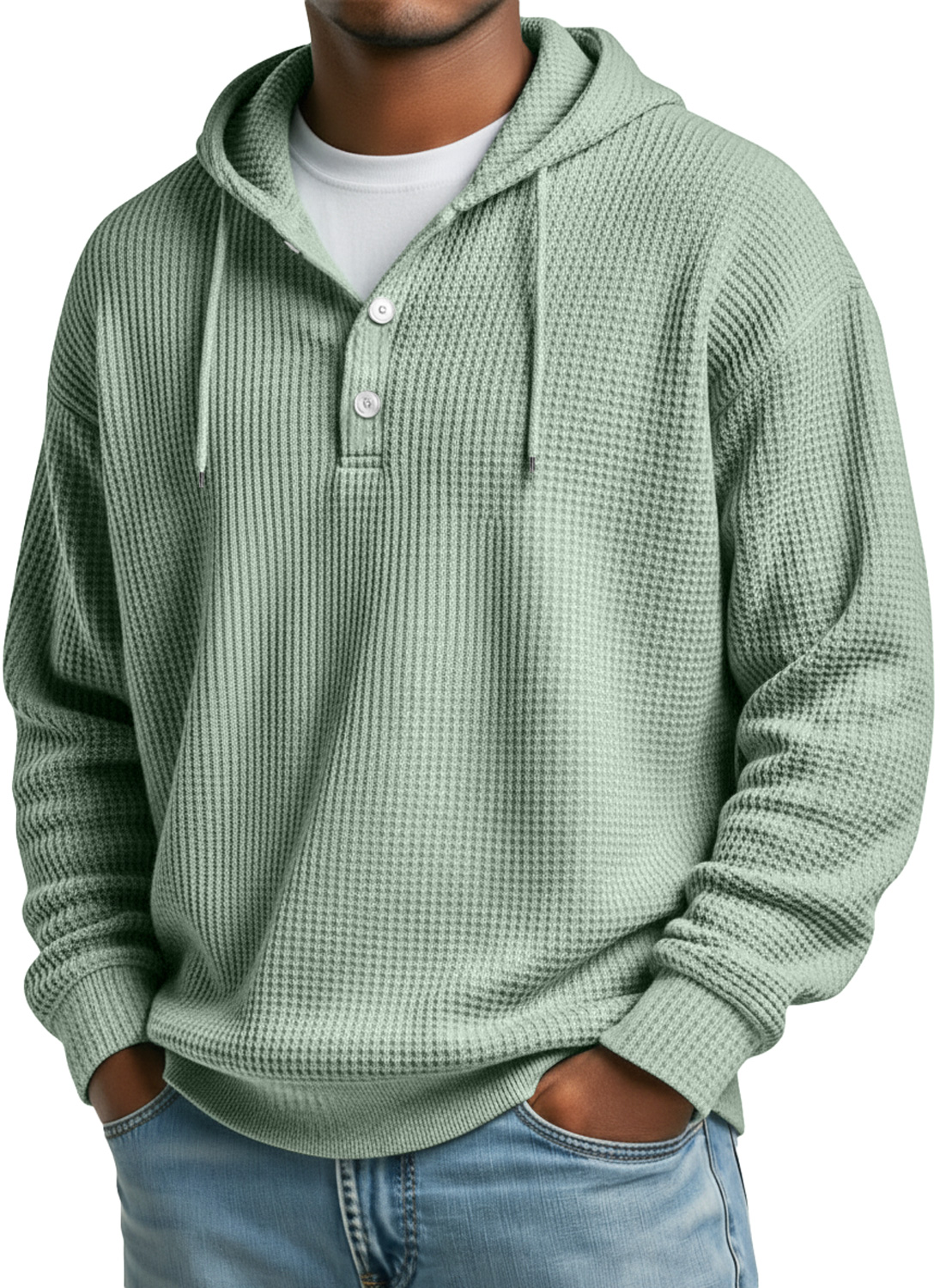 Herren Waffel Freizeit Kapuzenknopf Lockere Sweatshirt-deurabatt