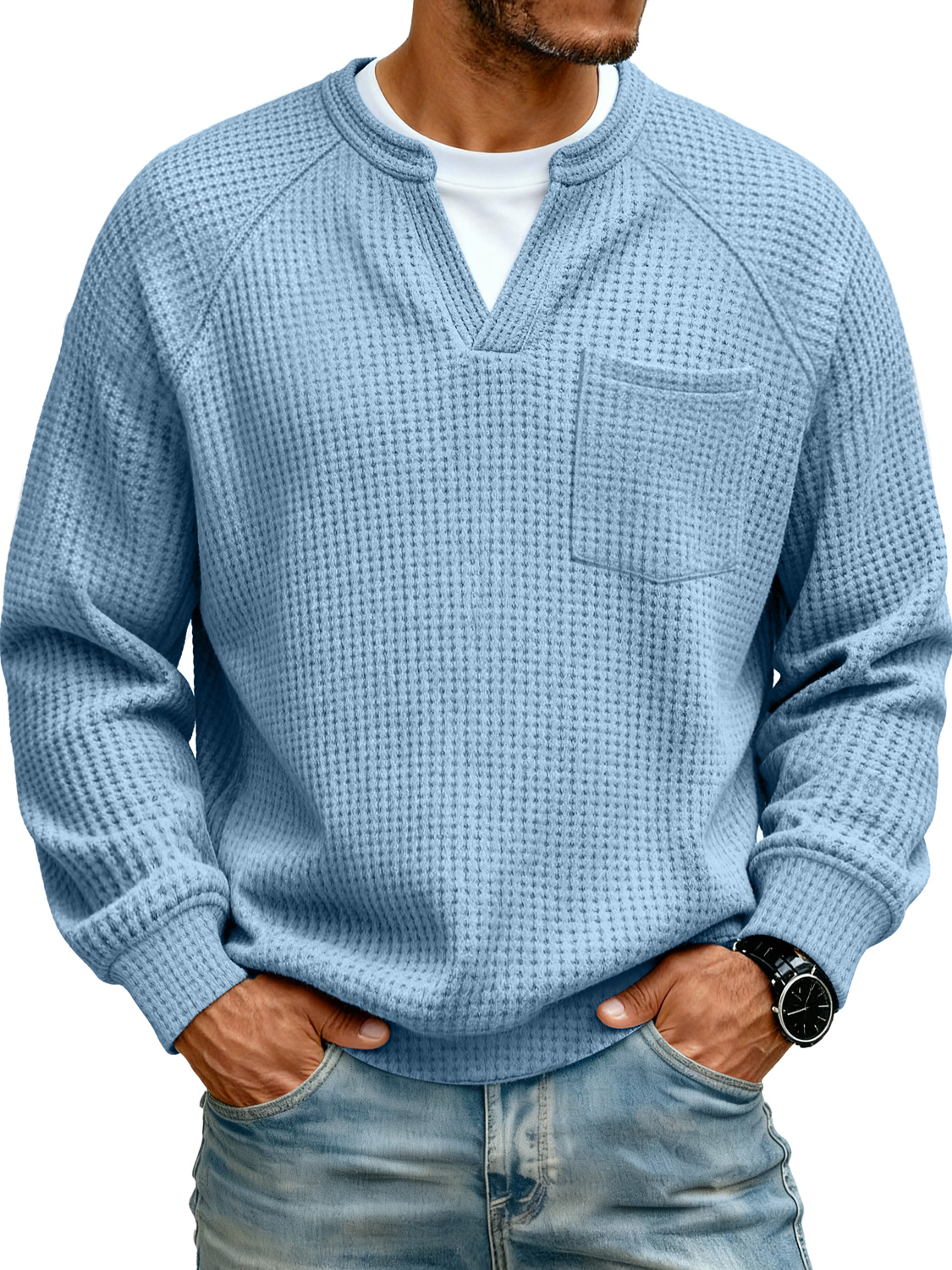 Herren Raglan Waffelstrick Faux Zwei-Teile Freizeit Tasche Langarm T-Shirt-deurabatt
