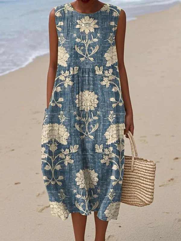 Damenkleid aus Baumwolle und Leinen mit abstraktem Print und Seitentaschen