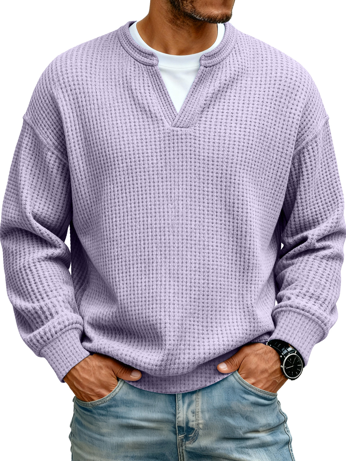 Herren Einfaches Waffel V-Ausschnitt Fake Zweiteiliges Lässiges Langarm-T-Shirt-deurabatt